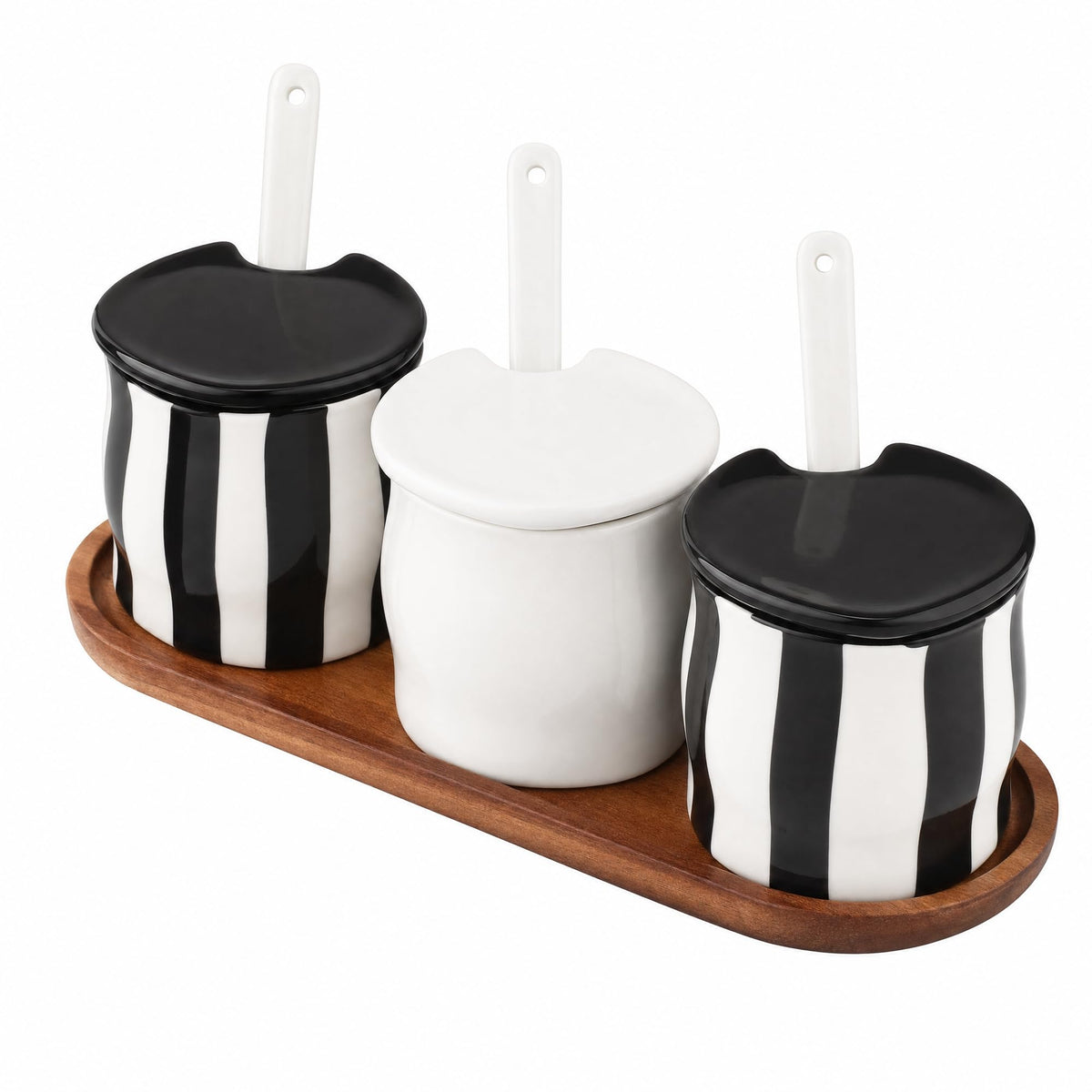 Ceramic Spice Jar Set of 4 pcs,8 oz Porcelain Condiment Jar Spice Container with Lids, kitchen ceramic salt pot set Black and White Zebra Print, Striped Seasoning Containers with Wooden Tray