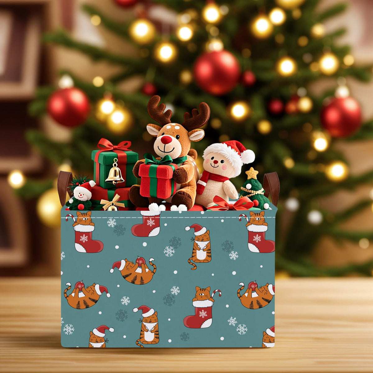 NIETEIN Large Kids Christmas Holiday Gift Empty Baskets Collapsible Families Holiday Storage Bin with Handle (Cat Socks Snowflake)