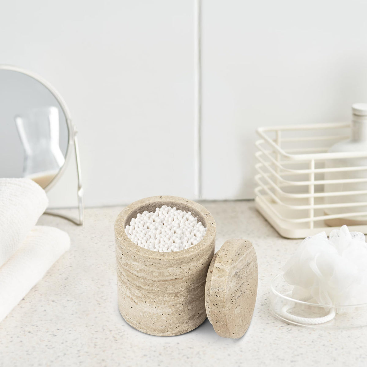 N NANSHOP Natural Marble Canister, Cotton Swab Holder with Lid, Marble Toothbrush Holder Qtip Holder Storage for Cotton Swab, Floss Picks, Makeup Pad, Bath Salt, Beige White Travertine(NS019)