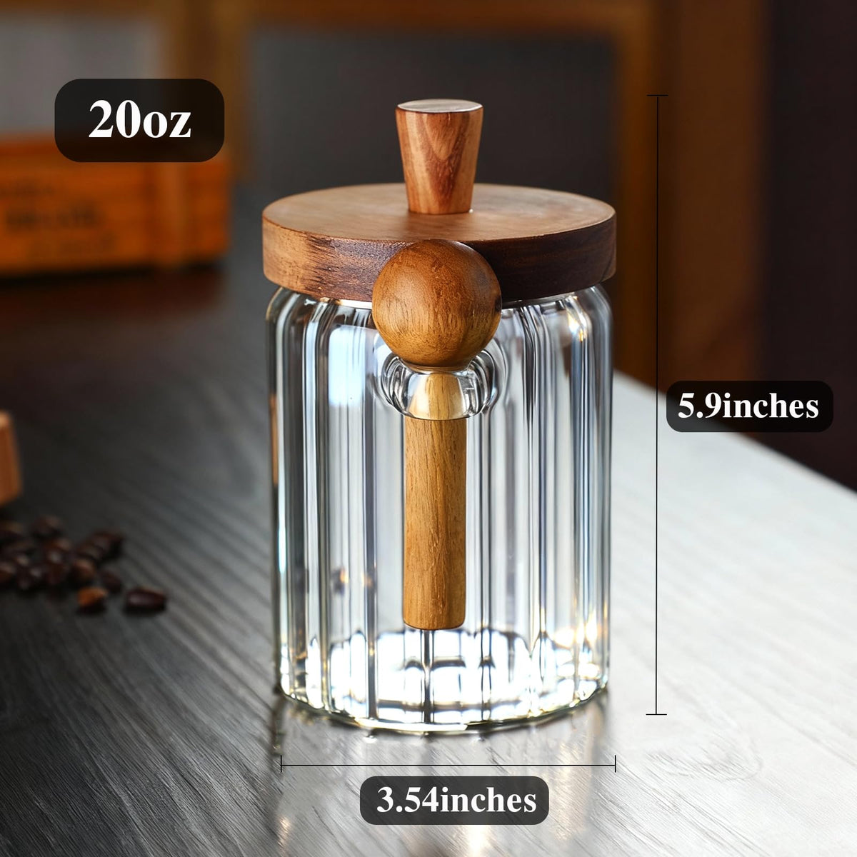 TIWPAJS Coffee Canister, Coffee Container with Wooden Spoon and Lid, Ribbed Design, Airtight Storage Jar for Coffee Beans/Coffee Grounds/Sugar/Salt/Loose Leaf Tea, 20 Oz