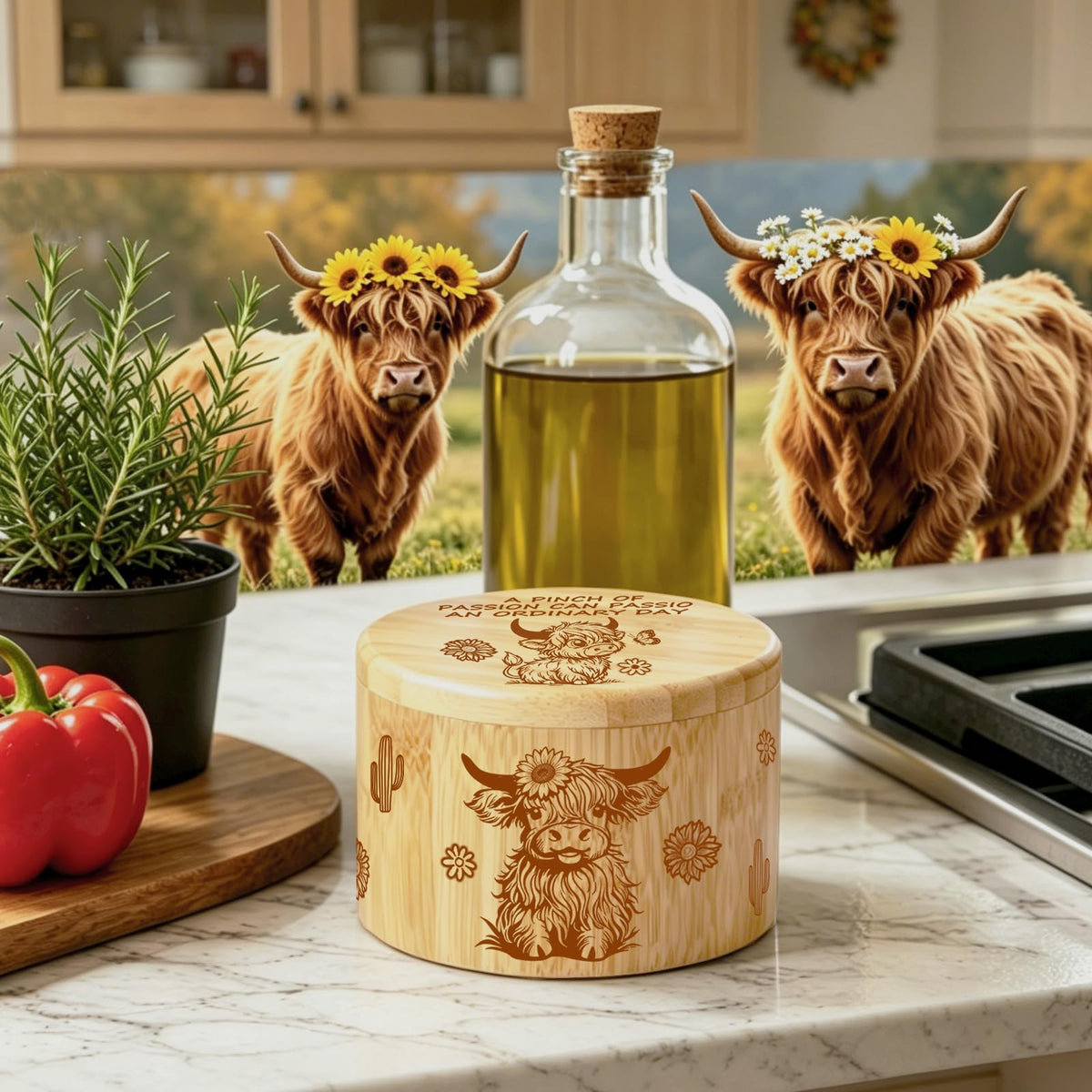bxsgxin Bamboo Salt Cellar with Swivel Lid Highland Cow Salt Container Built-in spoon and magnetic clasp Ideal for salt, sea salt, pepper, sugar and spices(cow)