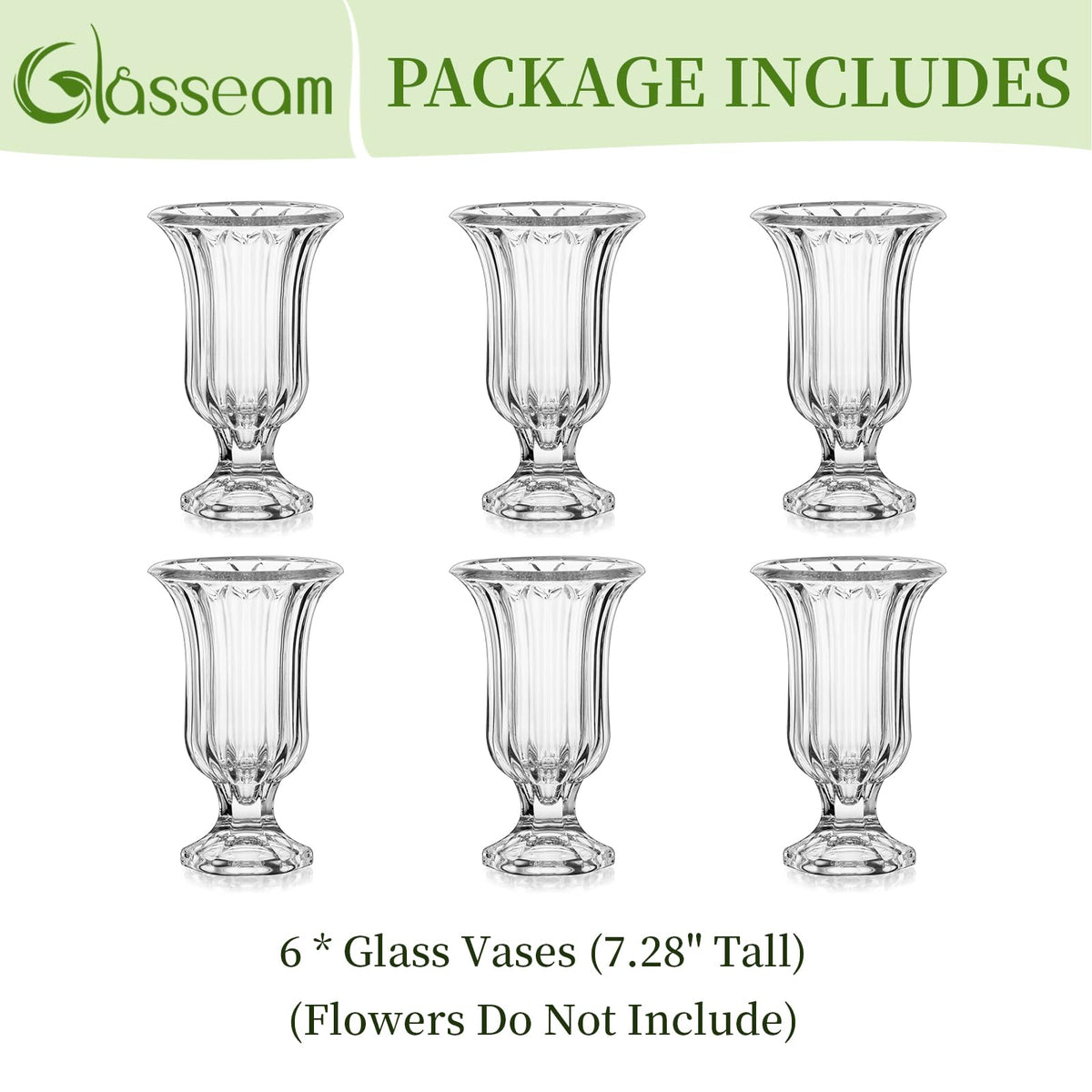 Glasseam Crystal Vases for Flowers, 7.5in Tall Vase Set of 6, Clear Glass Compote Vases and Ribbed Pedestal Bowls for Living Room Decorations Dining Table Home Decor