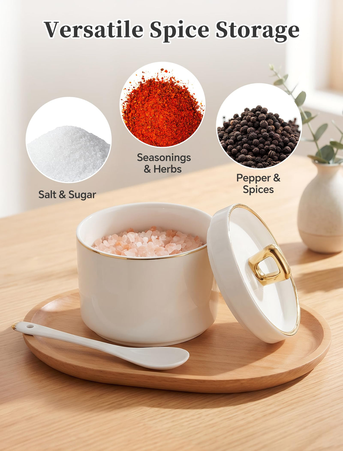 NiHome Ceramic Salt Cellar with Lid and Spoon, Seasoning Container for Salt Sugar Pepper Herbs, Smooth Non-Stick Surface & Non-Slip Base, Kitchen Storage for Countertop and Dining Table, 1 Pack