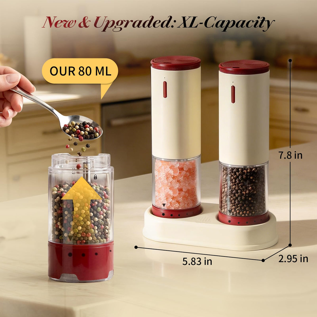 Electric Salt and Pepper Grinder Set Automatic Rechargeable Salt and Pepper Shakers Kitchen Appliances with Storage Base External Adjustable Coarseness & Upgraded Large Capacity for Mom Gifts-2 PCS