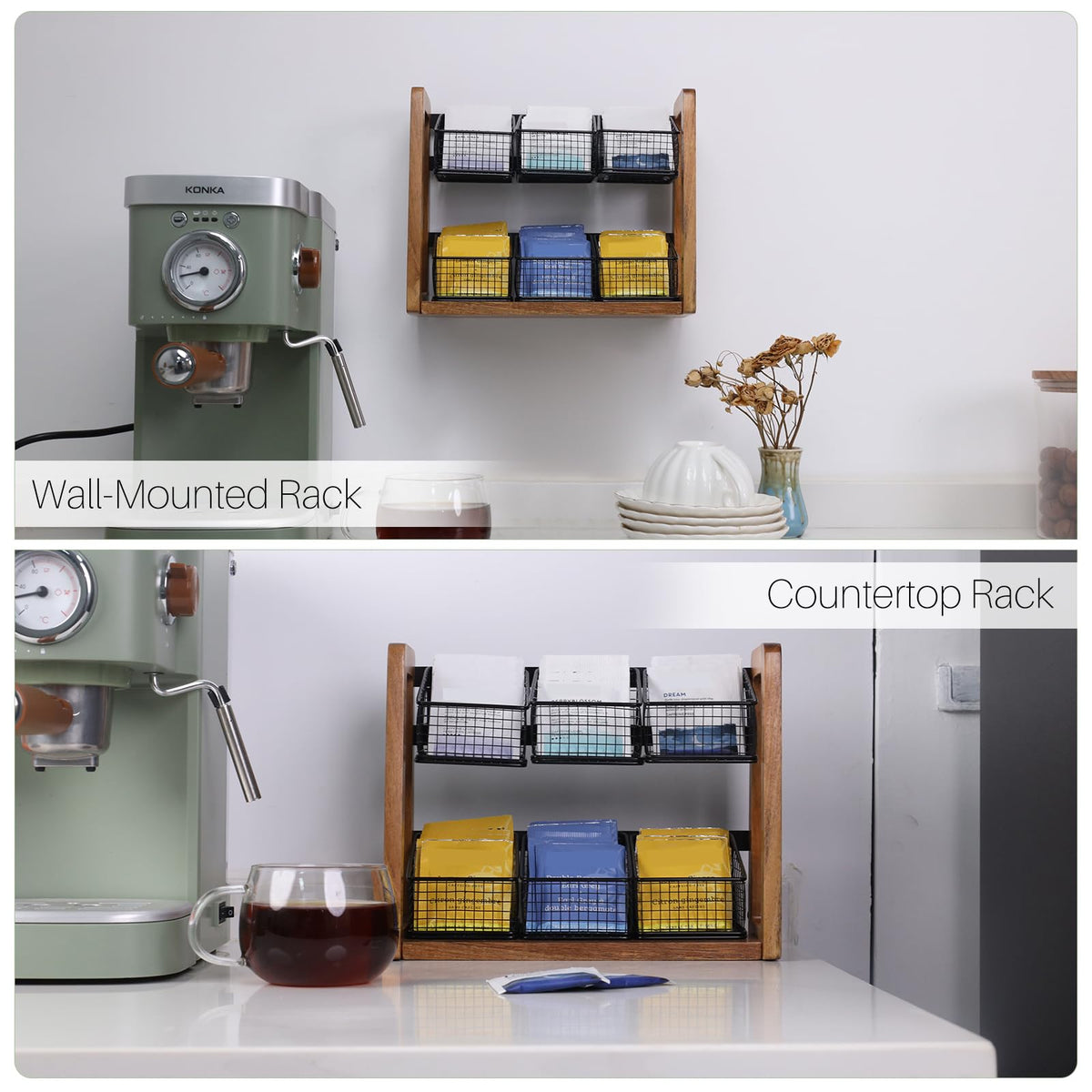 HTB 2 Tier Tea Organizer for Tea Bags, Tea Bag Holder with Acacia Wood Stand and 6 Removable Metal Basket for Sugar Packets, Sweeteners, Creamers for Cabinet, Countertop or Wall-mounted