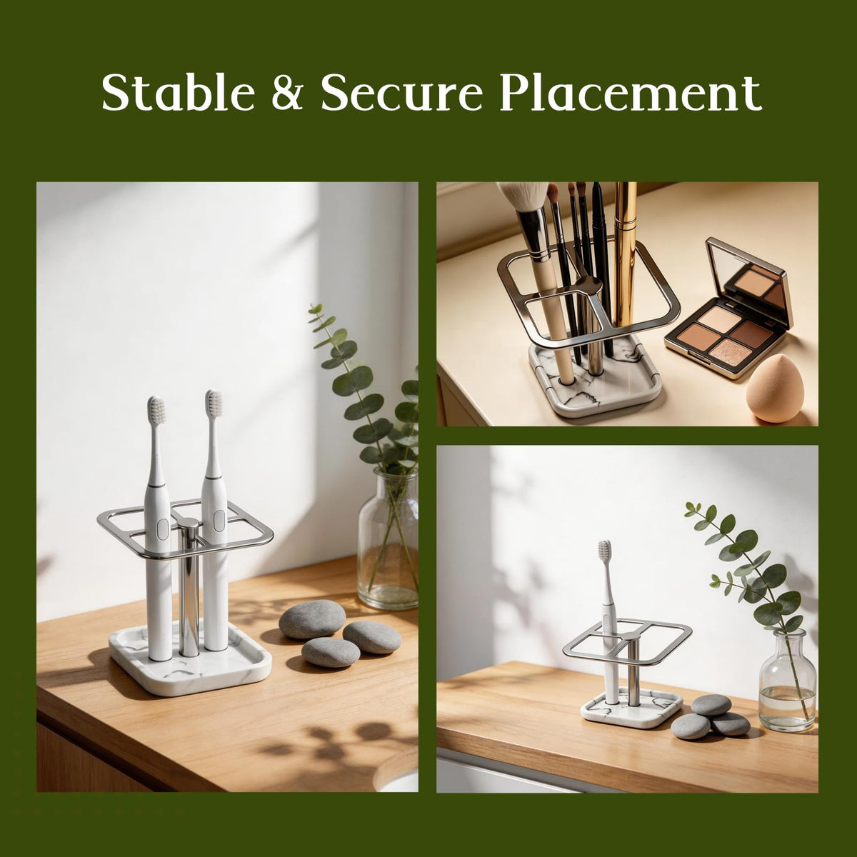 Toothbrush Holders for Bathrooms, Toothbrush and Toothpaste Holder - Modern Stainless Steel Stand with White Marble Base, Countertop Organizer for Bathroom Vanity