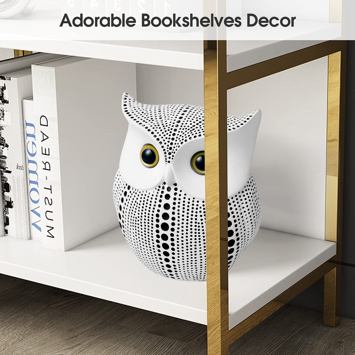 APPS2Car Owl Statue for Home Decor Accents Office Decoration, Handmade Polka Dots Buhos Modern Bird Figurine for Indoor Book Shelf Desktop Cabinet Fireplace Mantel Living Room Bedroom Ornament (White)