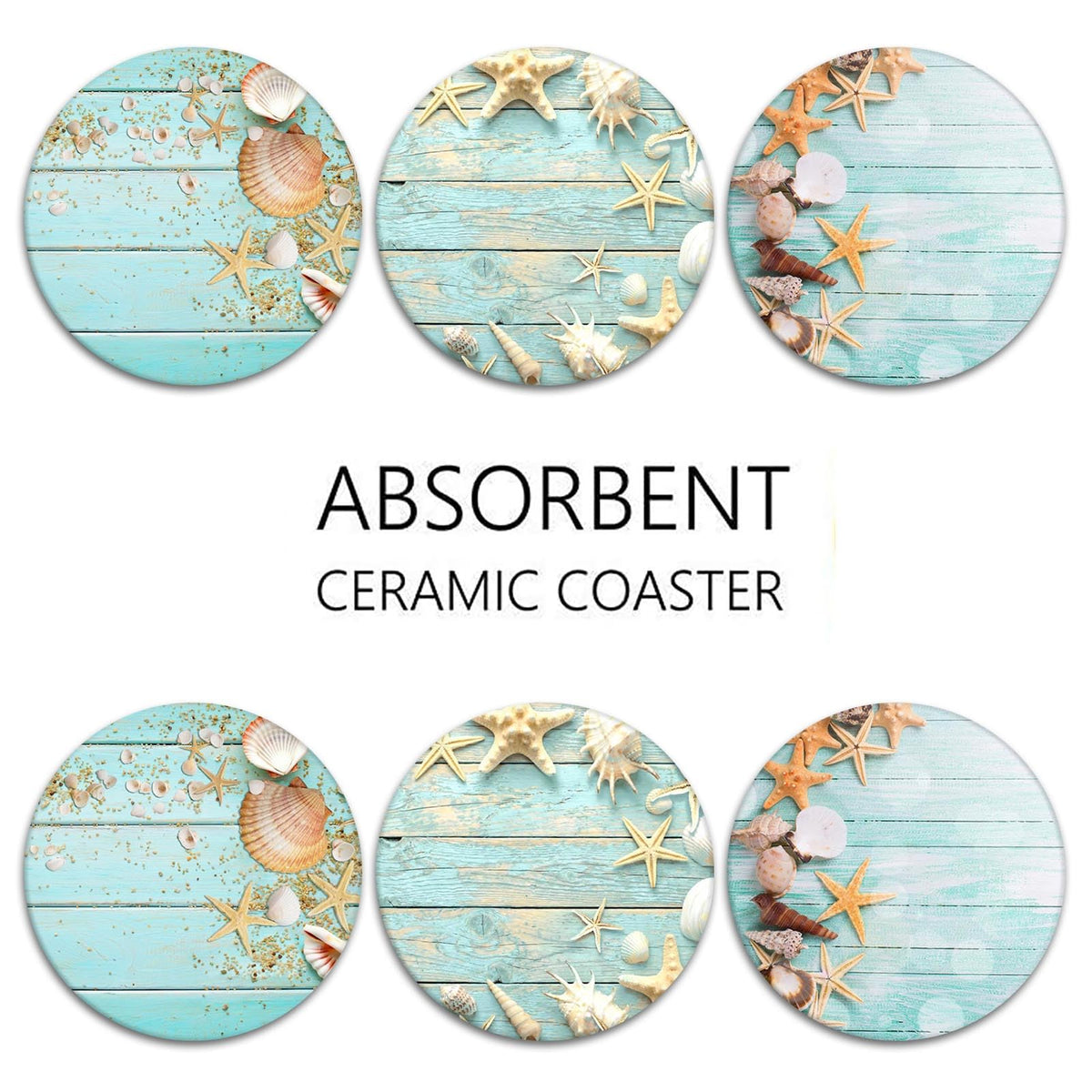 Britimes Coaster for Drinks Set of 6, Beach Seashells Wooden Nautical Wood Sand Table Coastal Absorbent Round Ceramic Stone Mat, with Cork Base and Metal Holder, Gift for Housewarming Room Bar Decor