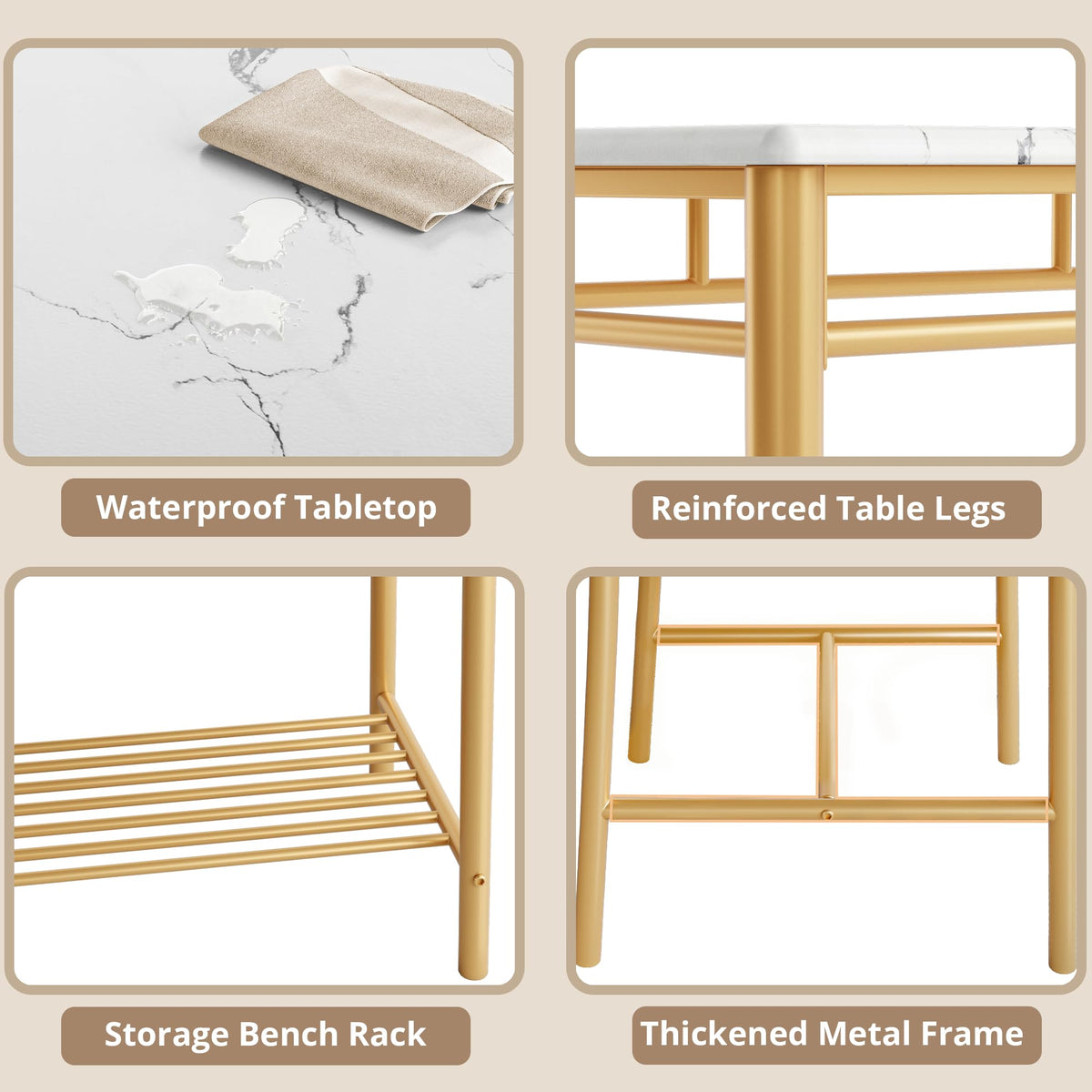 IRONCK Dining Table Set for 4, Kitchen Table with Upholstered Bench and 2 Chairs, Kitchen Table and Chairs Set for Small Space, Apartment, White & Gold