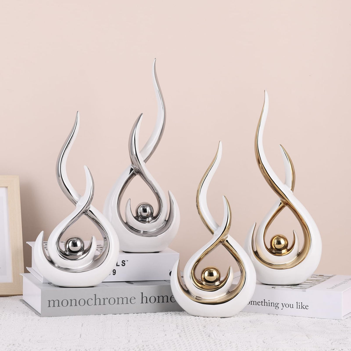 Ceramic Abstract 2 Piece Statue Set, White and Silver Home Decor Accents for Home Decor Statue Mantle Shelf Unique Decor, TV Cabinet Partition Table Top and Dining Table Centerpiece.