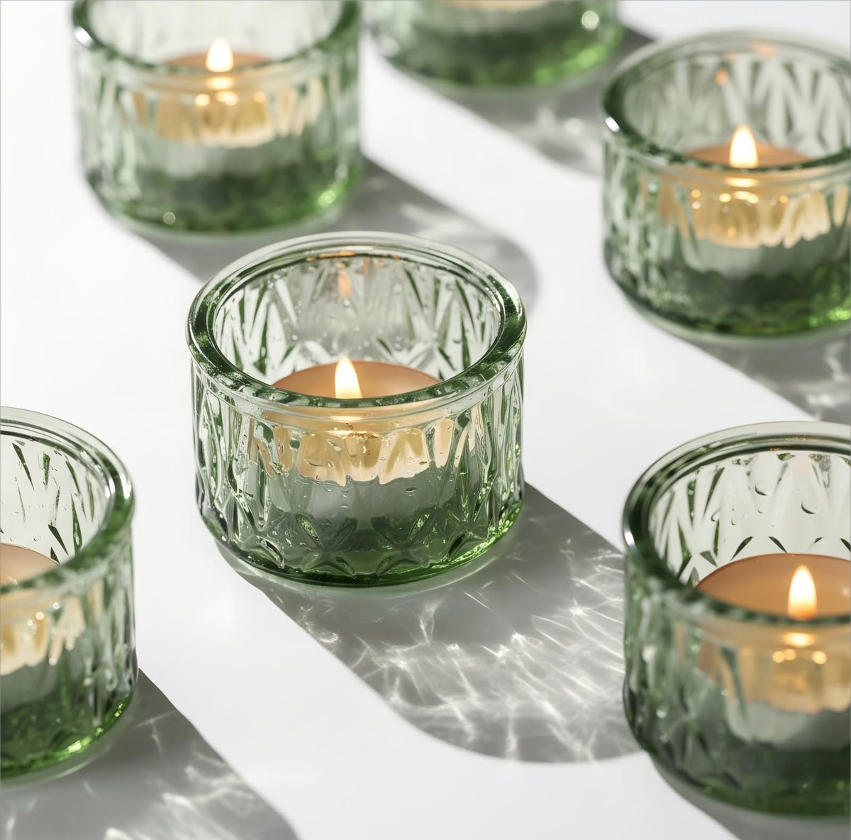 DEVI Green Tea Lights Candle Holders 24 Pcs for Wedding Decorations, Glass Votive Candle Holder, Wedding Table Centerpieces, Retro Party Decorations