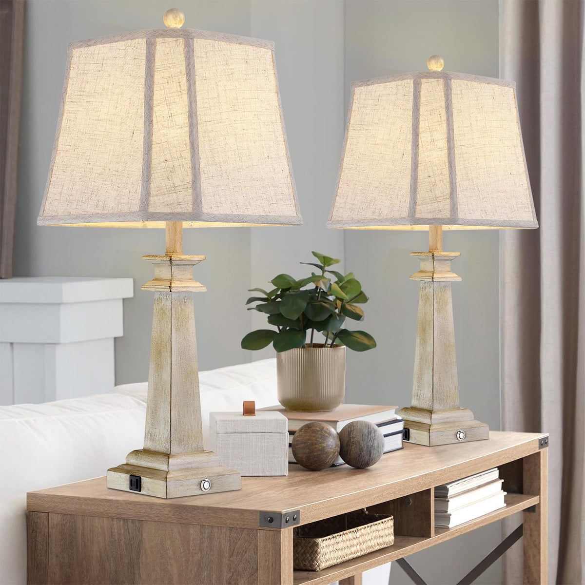 Hapcrea 27.5" Table Lamps Set of 2, 3-Way Dimmable Touch Lamps for Nightstand, Farmhouse Table Lamp for Living Room and Bedroom with USB A+C Charging Ports, Bulbs Included (Antique White)