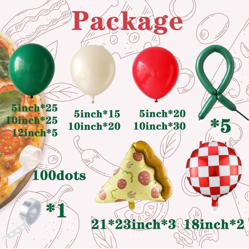 PageebO Pizza Party Decorations,150PCS Red Green Ivory White Balloons with Pizza Checkered Balloons for Pizza Party Favors BBQ Picnic Birthday Party Decorations Slice Slice Baby Shower Home Decor