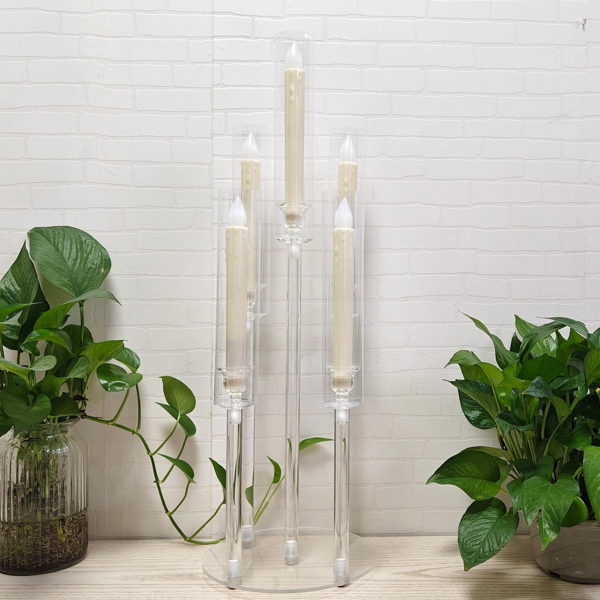 6 Set 26.8'' Tall Acrylic Candelabra Centerpieces for Wedding Table Decorations,Clear 5 Arms Candlesticks Holder with Acrylic Shade for Candlelight Dinner Party Fireplace Gift Fit LED Candle