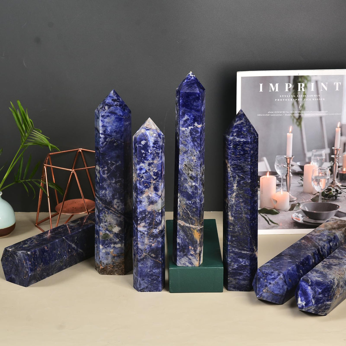 JIC Gem Large Blue Sodalite Obelisk Tower Points Healing Crystal Wand 6 Faceted Blue Quartz Crystals Tower Wand Home Decor Reiki Healing 2.6-3.0 Lbs