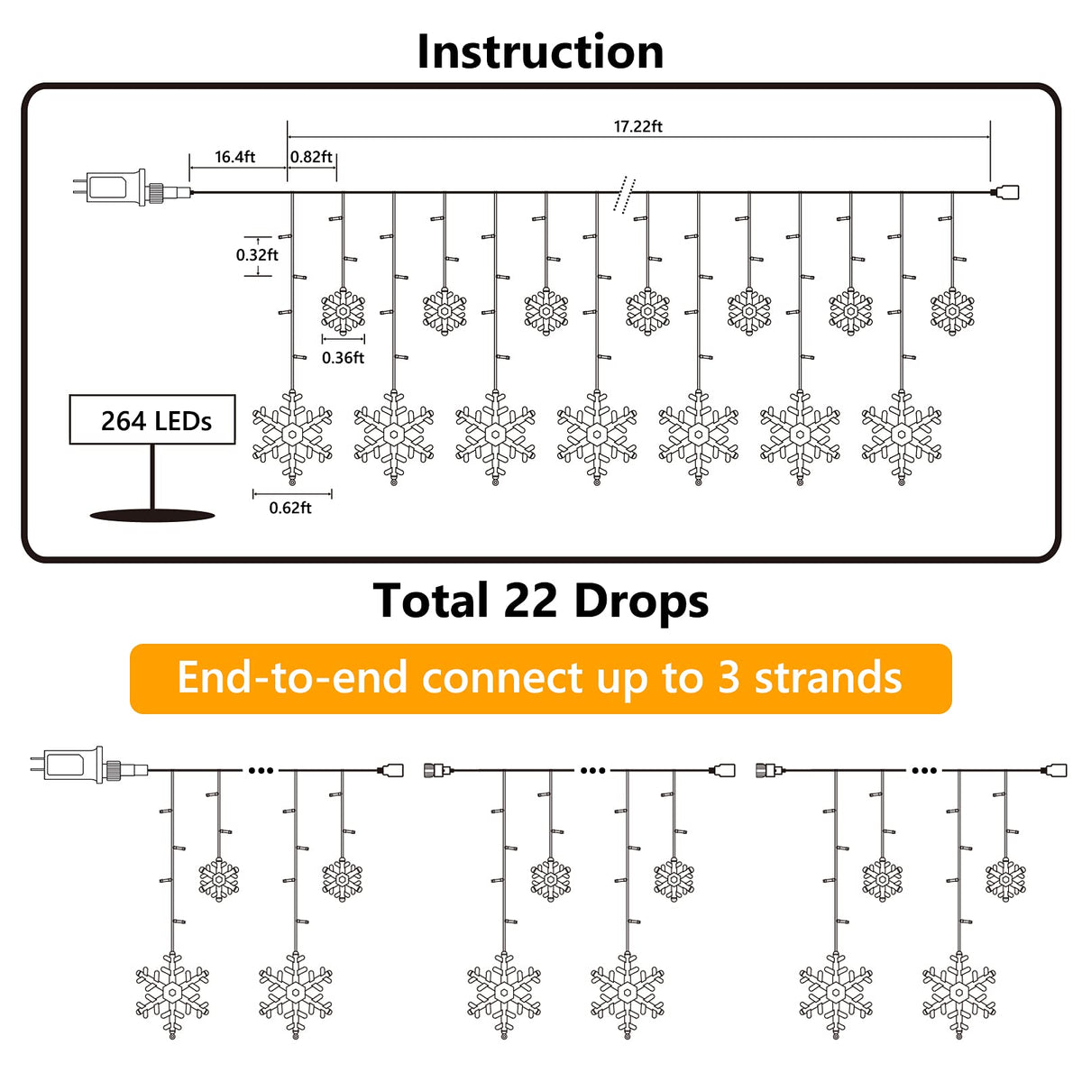Toodour Christmas Snowflake Lights Outdoor, 17.22ft 264 LED Snowflake Icicle Lights with 22 Drops, Connectable, 8 Modes Waterproof White Christmas Light for Curtain, Eaves, Window, Xmas Decorations