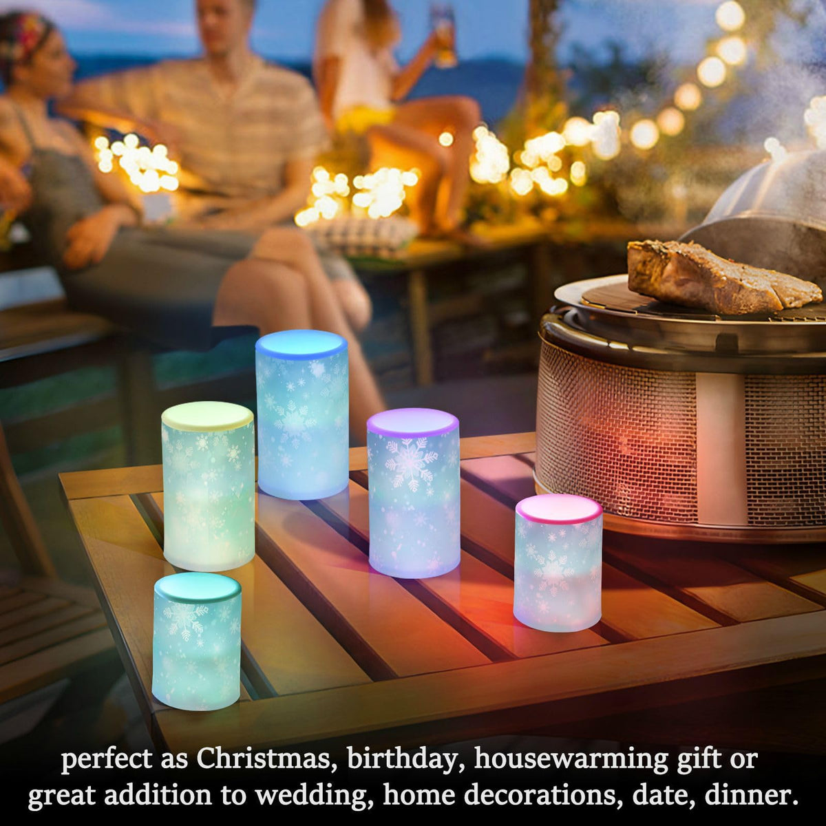 senya Christmas Lights Flameless Candles Teal Turquoise Snowflake Pillar Candles Set of 2 Battery Operated Remote Control Warm Lights Home Decor