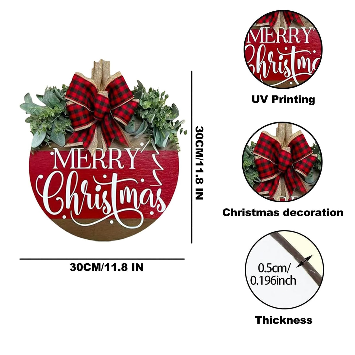 Merry Christmas Wreath Hanging Sign for Front Door, Wooden Welcome Wreaths Sign with Bow for Holiday Rustic Farmhouse Outdoor Wall Window Decor (Merry Christmas)