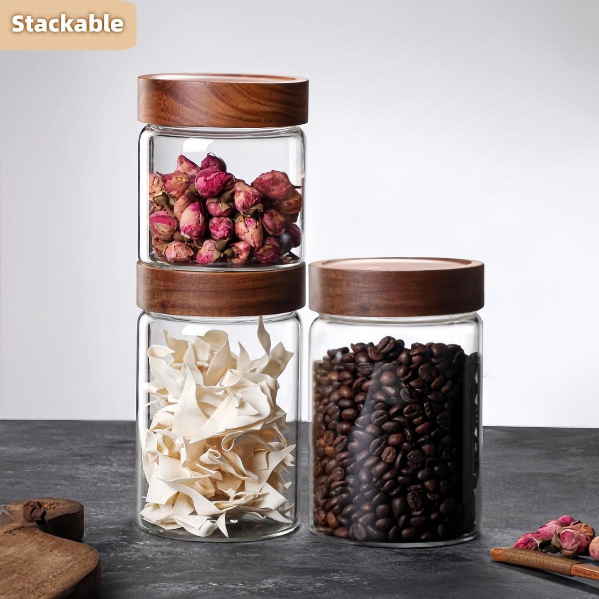 Brighomrom Set of 2 Glass Food Storage Jars, Premium Clear Glass Container Jar with Airtight Wooden Screw-on Lid, Kitchen Canisters for Coffee,Tea,Pasta,Cookies, Nuts,Spice,Candy,Overnight Oatmeal