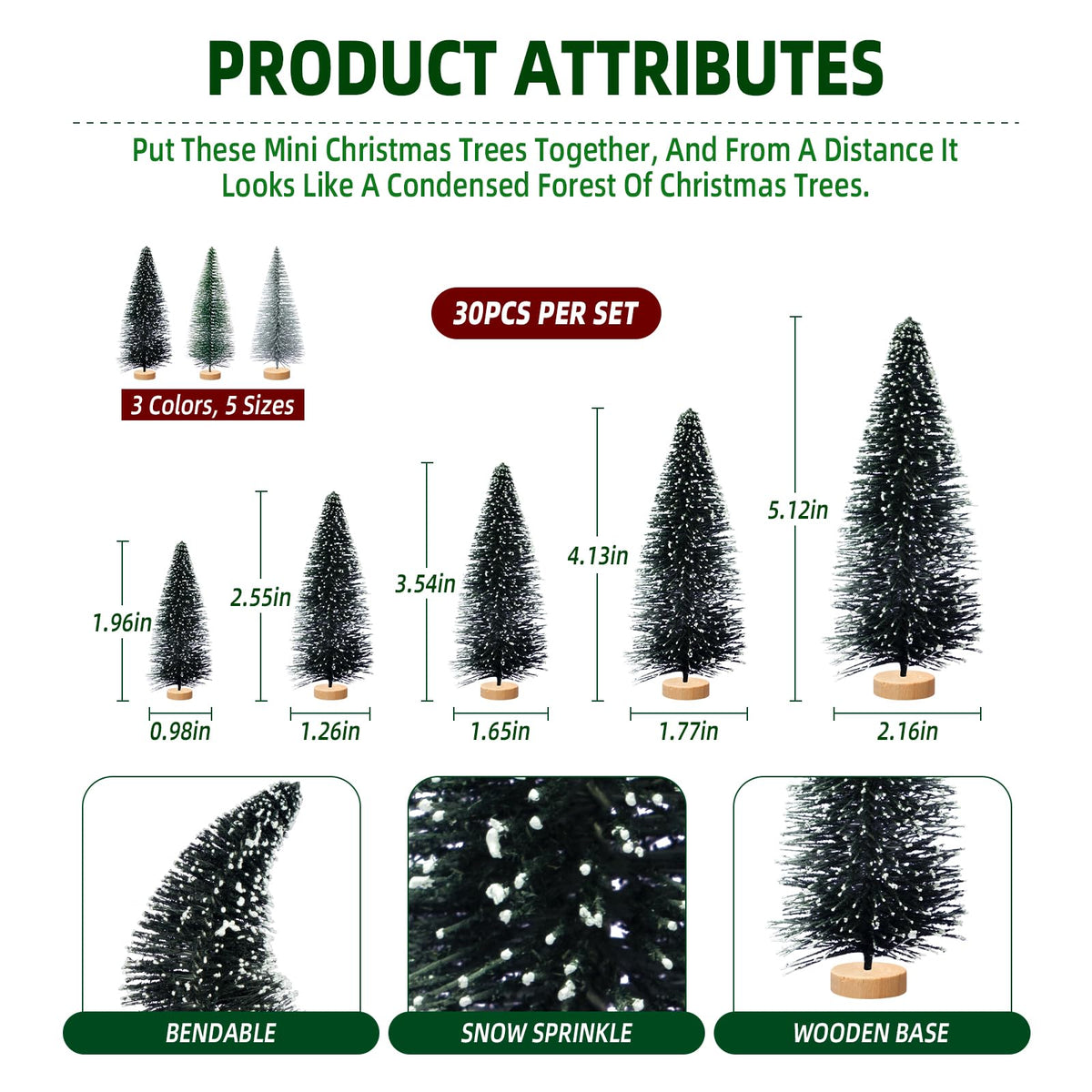 Tizuxa 30pcs Tiny Christmas Trees for Christmas Decorations, Mini Artificial Christmas Tree Small with Snowflakes Bottle Brush Trees for Christmas Decor Party Home Table Top Winter Crafts Decorations