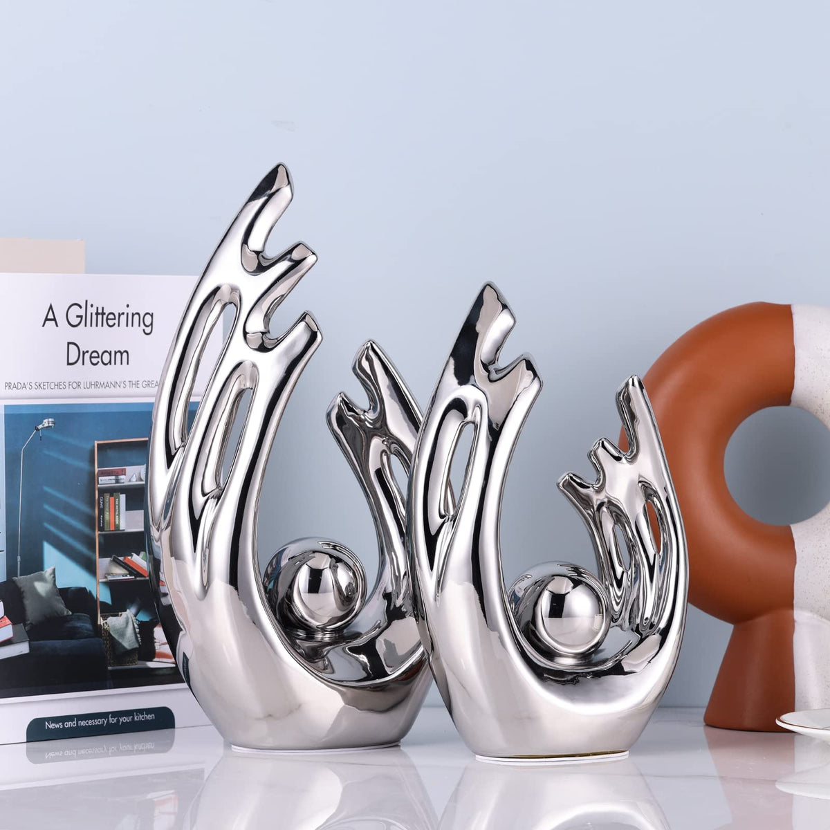 XMGZQ Silver Abstract Art Ceramic Statue Sculpture,Silver Home Modern Centerpiece Dinner Table, Kitchen, Bathroom Mantelpiece Coffee Table Office Aesthetic Decoration Silver Ceramic Statue Decor