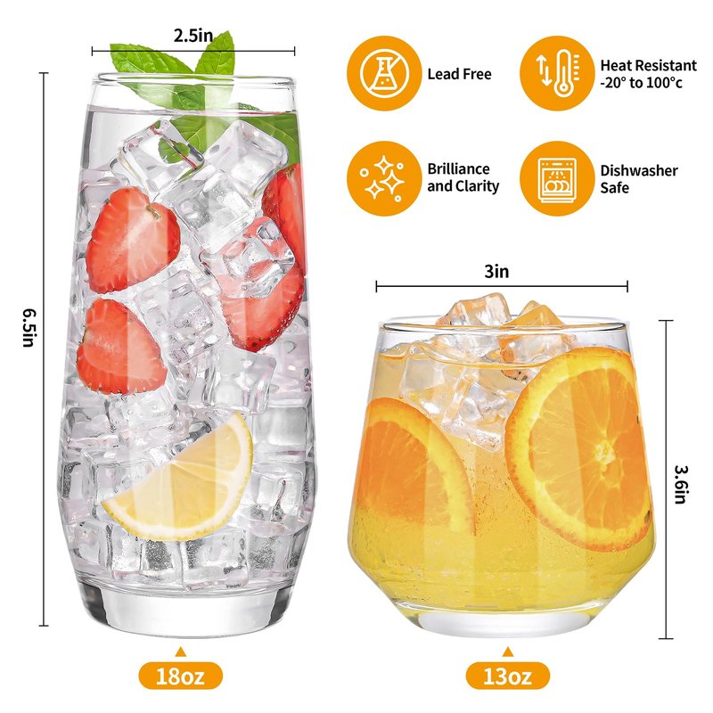 ZMOWIPDL Drinking Glasses Set of 8,Clear 13 oz & 18oz Crystal Glass Cups,Drinkware Glassware,Highball Water Tumbler,Short Stemless Wine Glasses,for Beer,Cocktail,Whiskey,Juice and Various Mixed Drinks