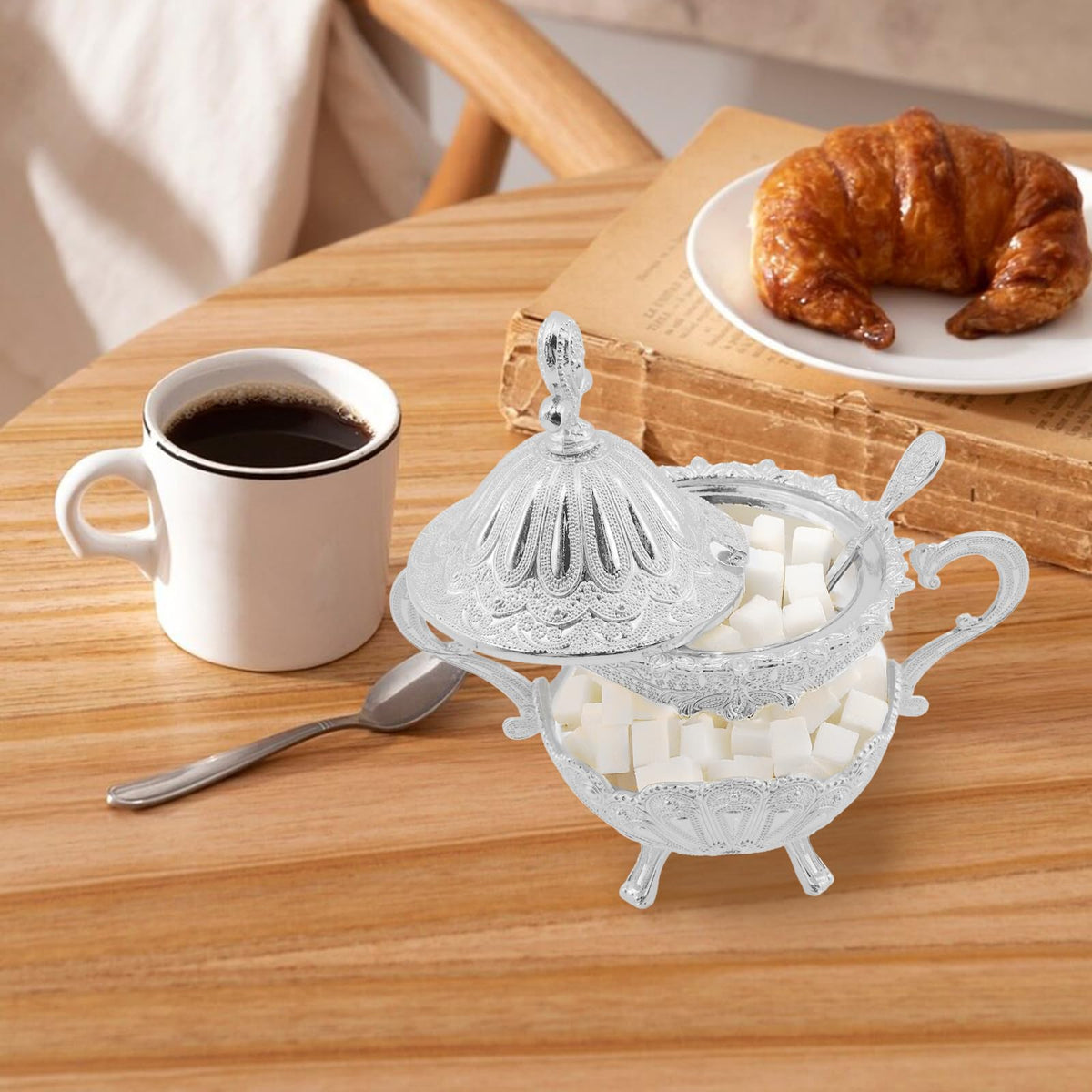 Tsnamay 6.1" Sugar Bowl with Lid and Spoon for Kitchen Coffee Bar and Wedding Party,Sugar Container for Sugar Cube and Powder Sugar,Salt Server,Silver
