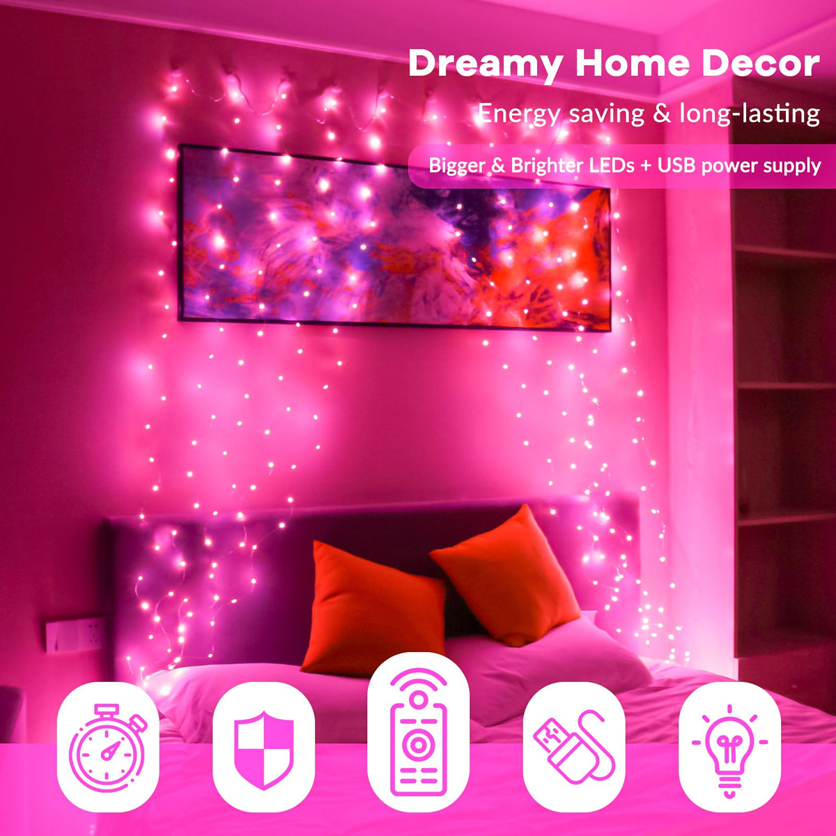HXWEIYE 300LED Fairy Curtain Lights, 9.8x9.8Ft USB Plug-in 8 Modes Christmas String Hanging Lights with Remote for Bedroom Backdrop Wedding Indoor Wall Decor, Pink, Standard – 1 Pack