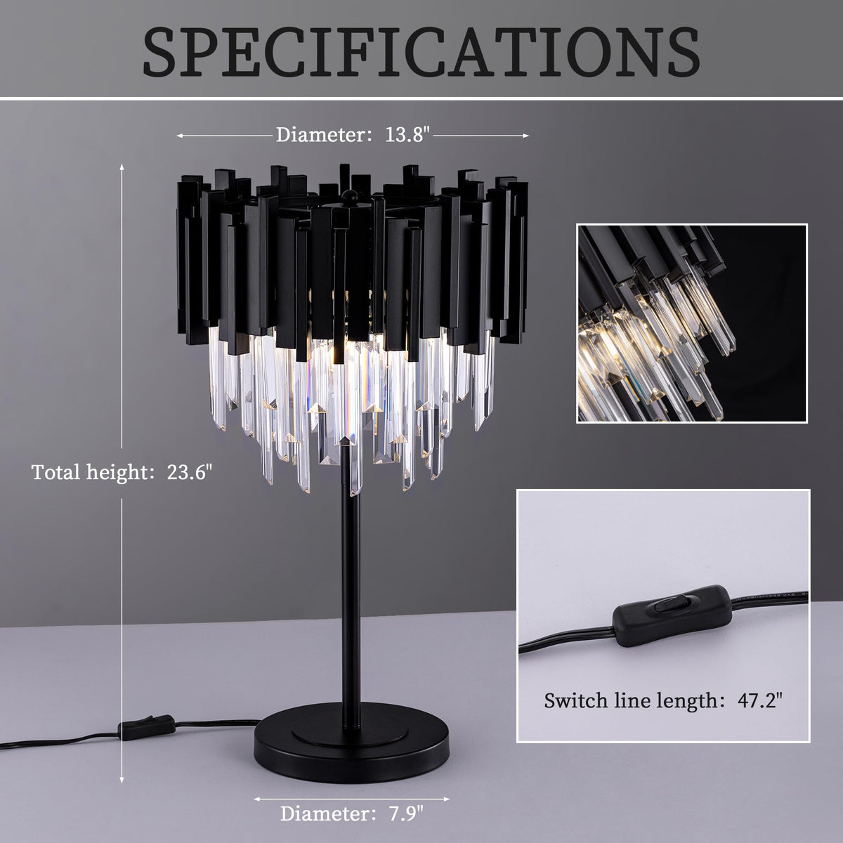 Wellmet Black Crystal Table Lamp,3 Lights Table Lamps for Bedroom,Black Bedside Nightstand Lamps for Living Room,Small Decorative Desk Lamp for Reading Room,Metal Base