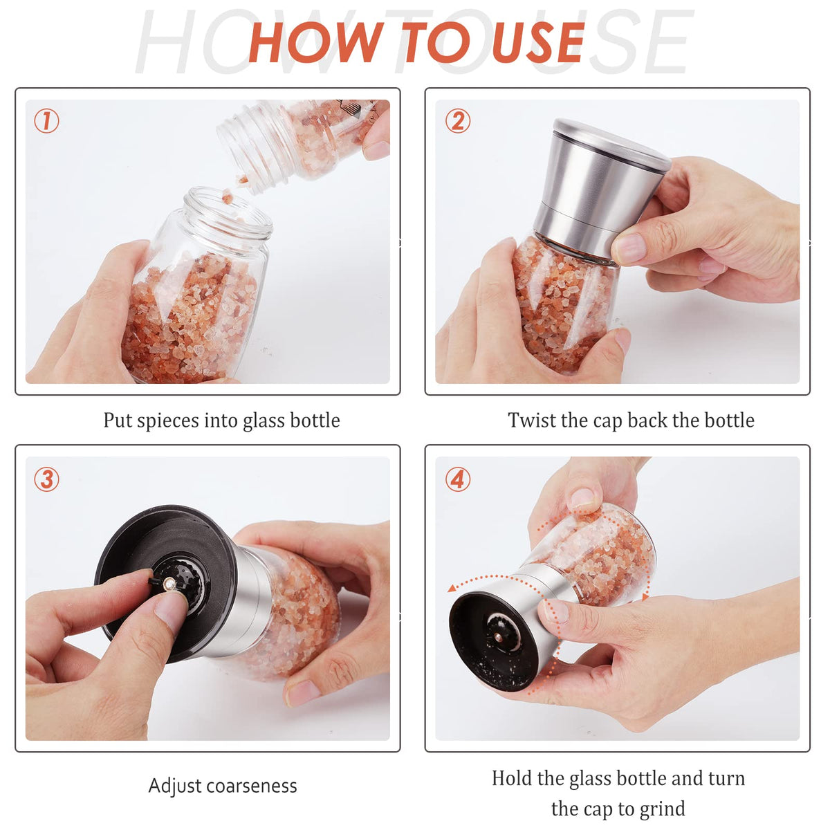 Ebaco Salt and Pepper Grinder Set - Refillable Grinder Adjustable Coarseness of Pepper Salt Spice Stainless Steel Mills Glass 6oz(2 Pack)
