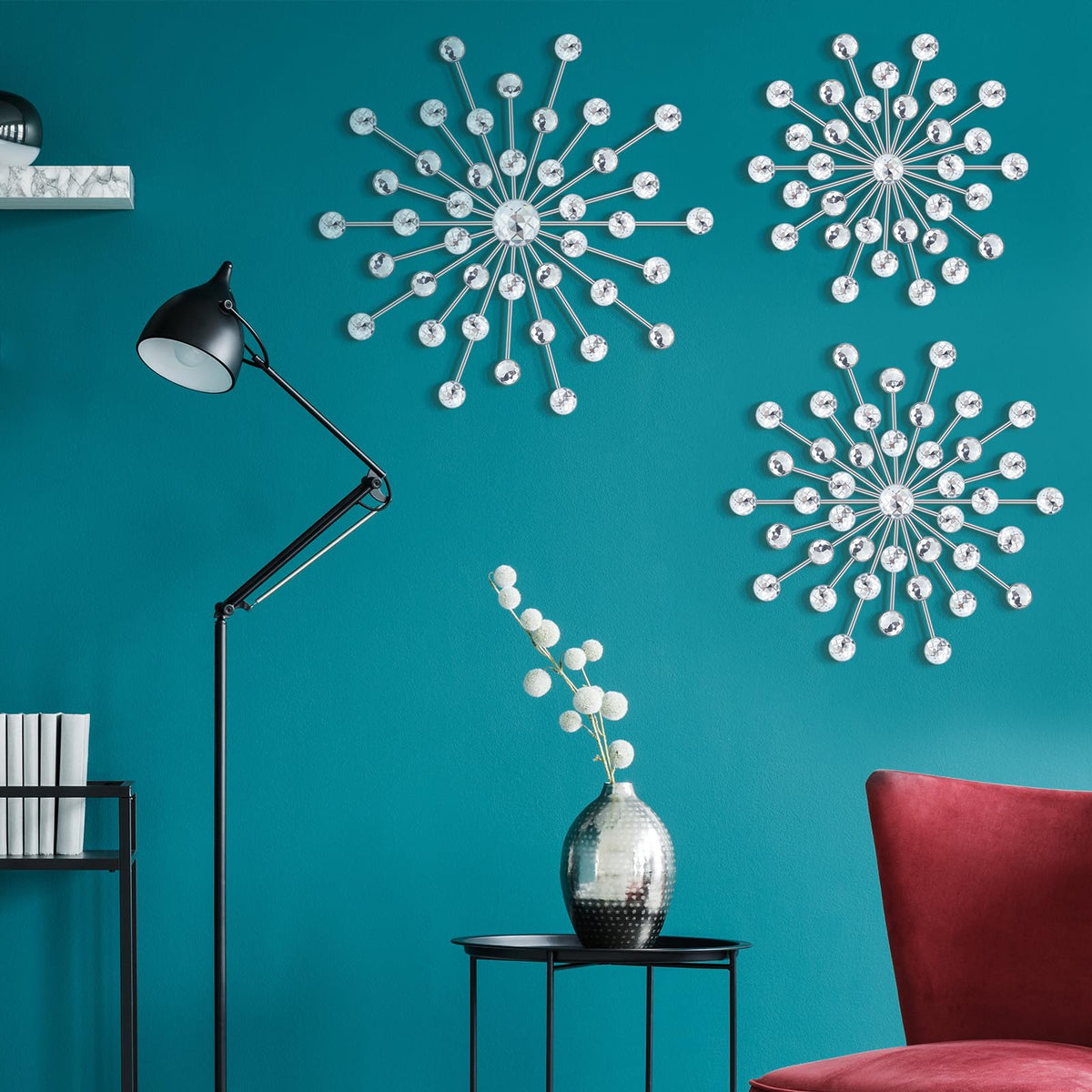 Barydat 6 Pcs Metal Starburst Wall Decor Bling Crystal Wall Art Rhinestone Sunburst Home Decoration No Punch Starburst Hanging Diamond Accents for Living Room Bedroom(25cm, 20cm, 15cm,Silver)