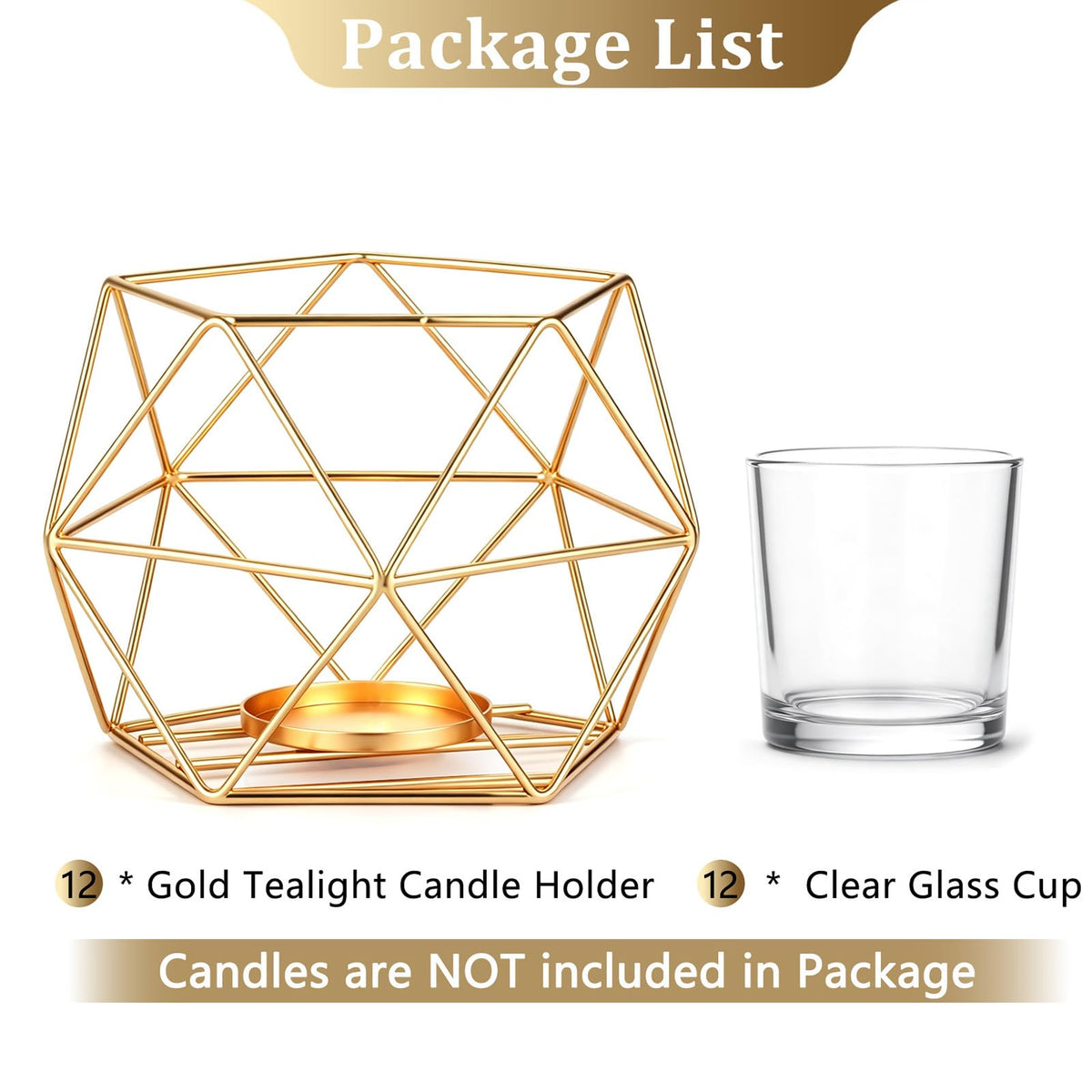Hewory Geometric Tealight Candle Holders Gold, Modern Metal Geo Wedding Centerpieces for Table, Votive Candle Stand Accent for Tea Light for Home Shelf Mantel Christmas Birthday Party Decor, 12pcs