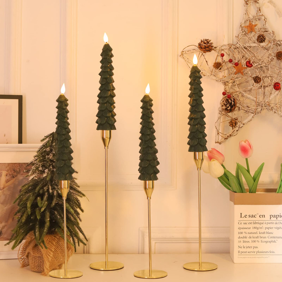 Fo32won Christmas Tree Shaped Flameless Candlesticks Battery Operated with Remote and Timer, Set of 4 Real Wax LED Taper Candles with 3D Flickering Wick for Christmas Decoration Gift