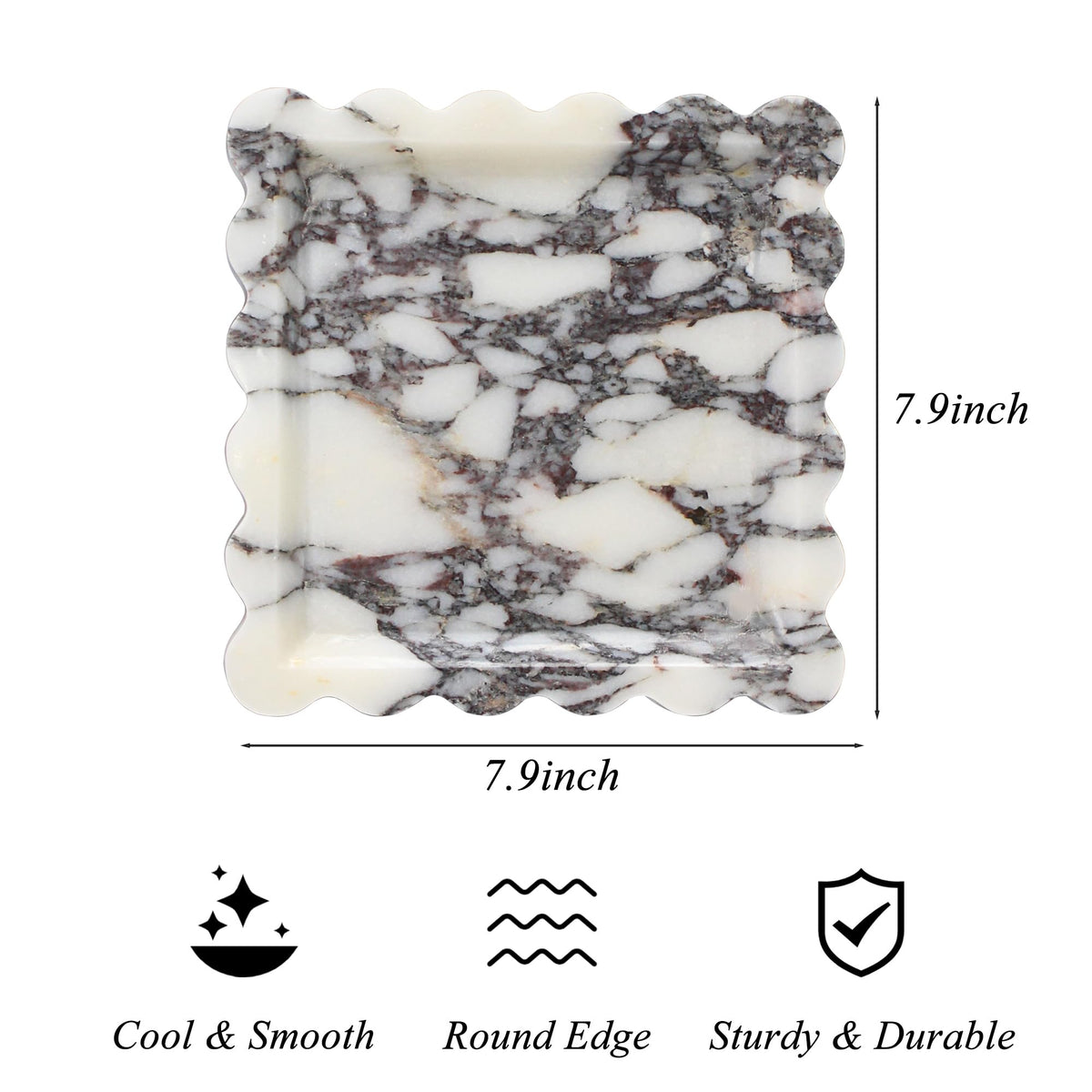 Square Marble Vanity Tray with Scalloped Edge - Natural Marble Perfume Tray Decor for Dresser, Vanity, Kitchen, Home Decor, Decorative Square Stone Tray - Calacatta Viola 8 * 8 inch