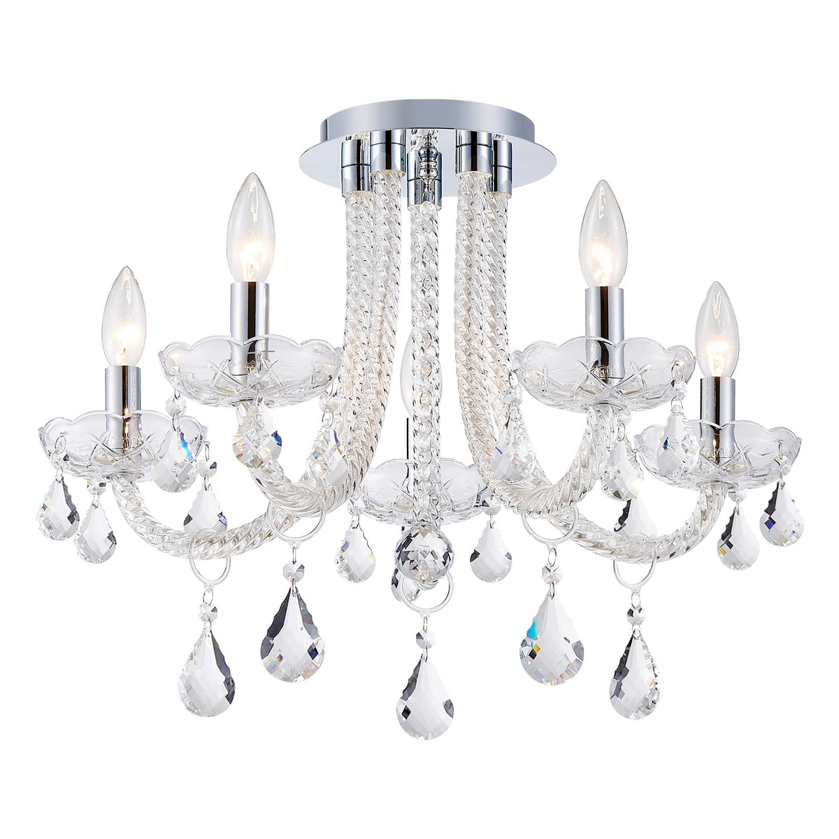 GlowEasely French K9 Crystal Maria Theresa Candle Chandelier, Luxury Vintage Pendant Light Fixture for Dining Room, Living Room, 5 Lights, D22.4*H15.7 inch, Clear Crystal & Chrome Finish Frame