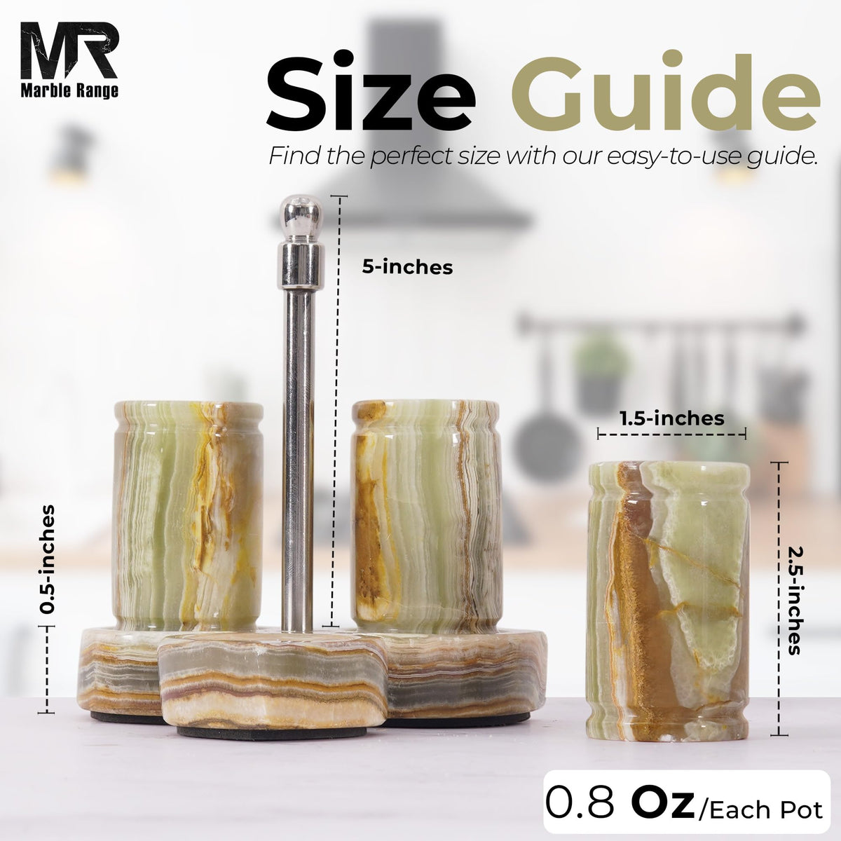 Marble Salt and Pepper Shakers Set of 3 – Handmade Green Onyx 0.8 oz Salt & Pepper Dispenser with Tray, Modern Tabletop Seasoning Set for Kitchen Countertop & Dining Decor, Easy Refill