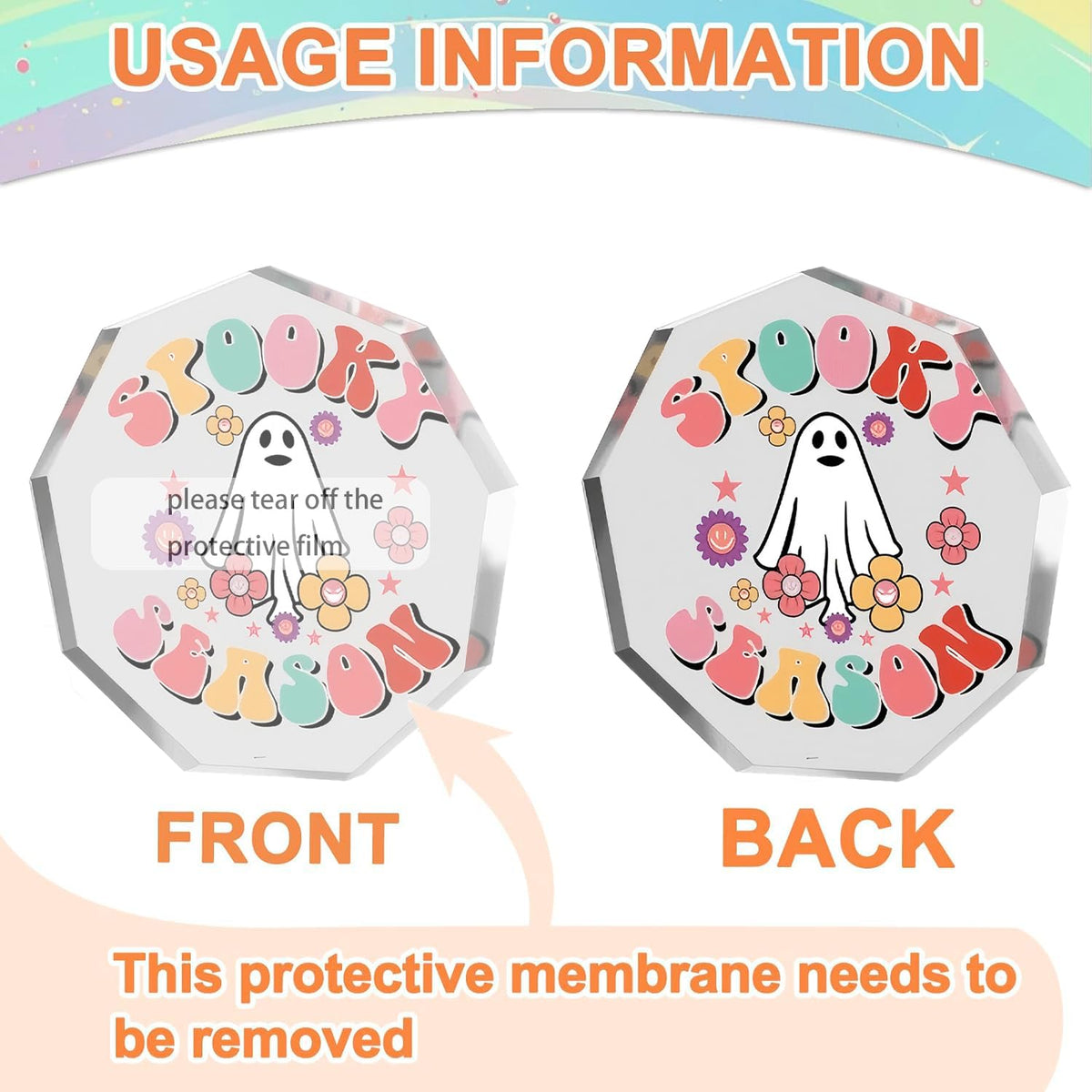 BHOOKA Cute Halloween Ornaments Clear Acrylic Enneagon Shaped Desk Sign Little Ghost & Flower Theme Plaque Happy Halloween Decorations for Holiday Party Home, Desktop Ornament Gifts