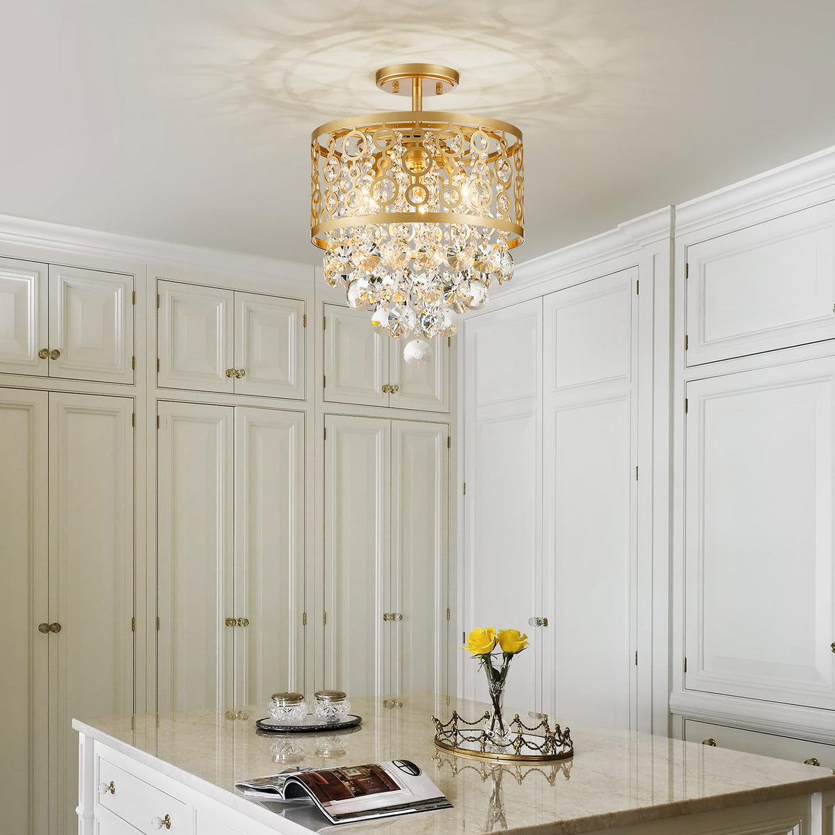 WUZUPS Crystal Drum Chandelier Flushmount Ceiling Light Modern Lighting Fixture for Entry Hallway Kitchen Bathroom Bedroom, H 16.3'' x W 13'', E12 Base, Gold