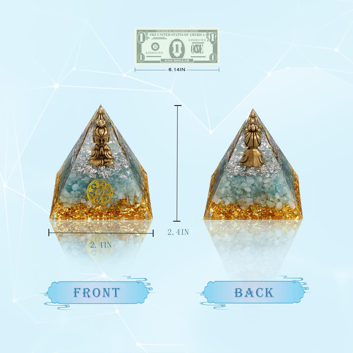 FENGSHUI-CAISHEN Tiny Guan Yin Statue in Healing Crystal Orgone Pyramid - Green Aventurine with Quan Yin Figurine, Reiki Chakra Meditation Decor