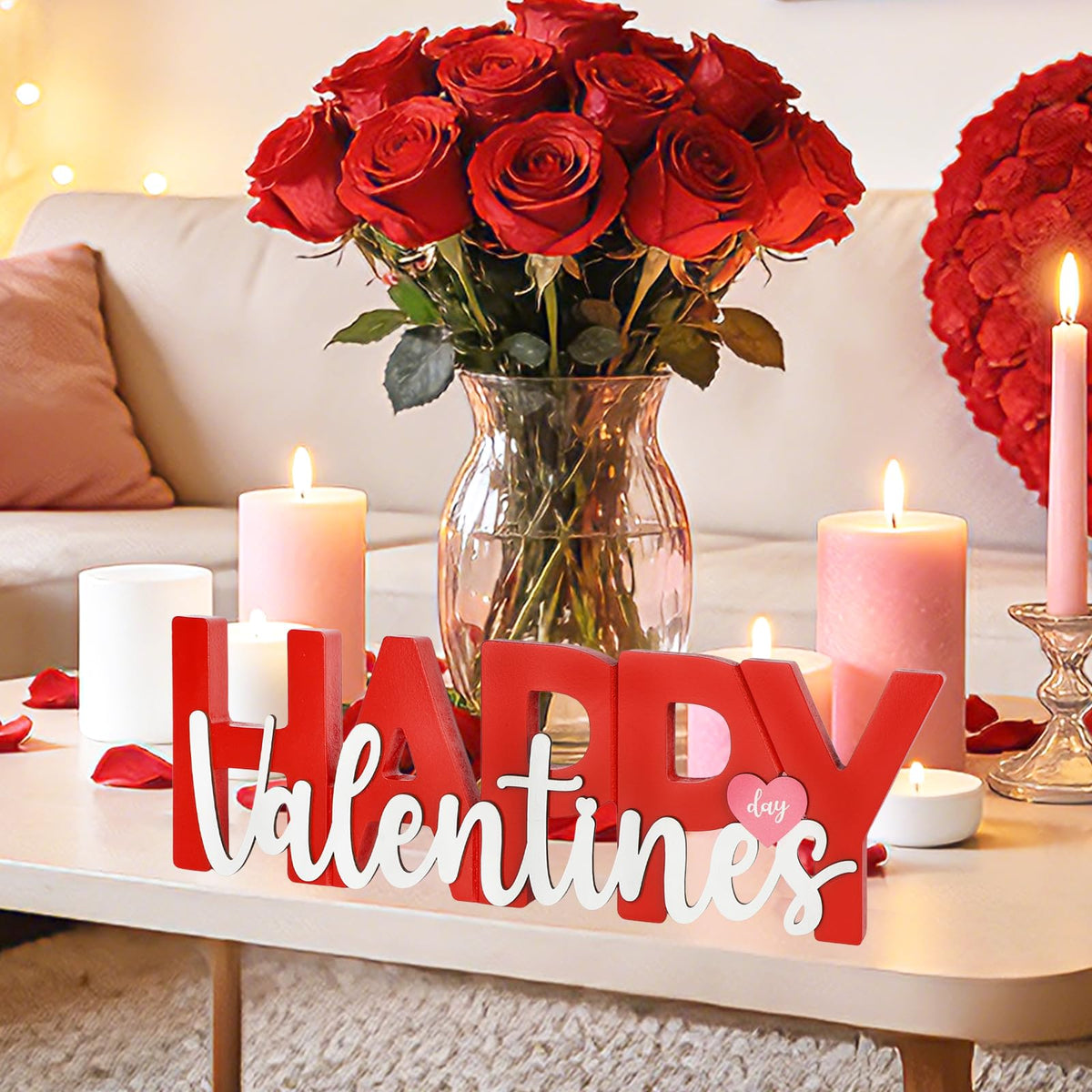 COCHIE Wooden Happy Valentine's Day Sign, Valentine Decorations for Home, Office, Shelf, Mantel, Indoor, Wood Heart Decor, Red Pink Table Top Party Decoration (Valentines)
