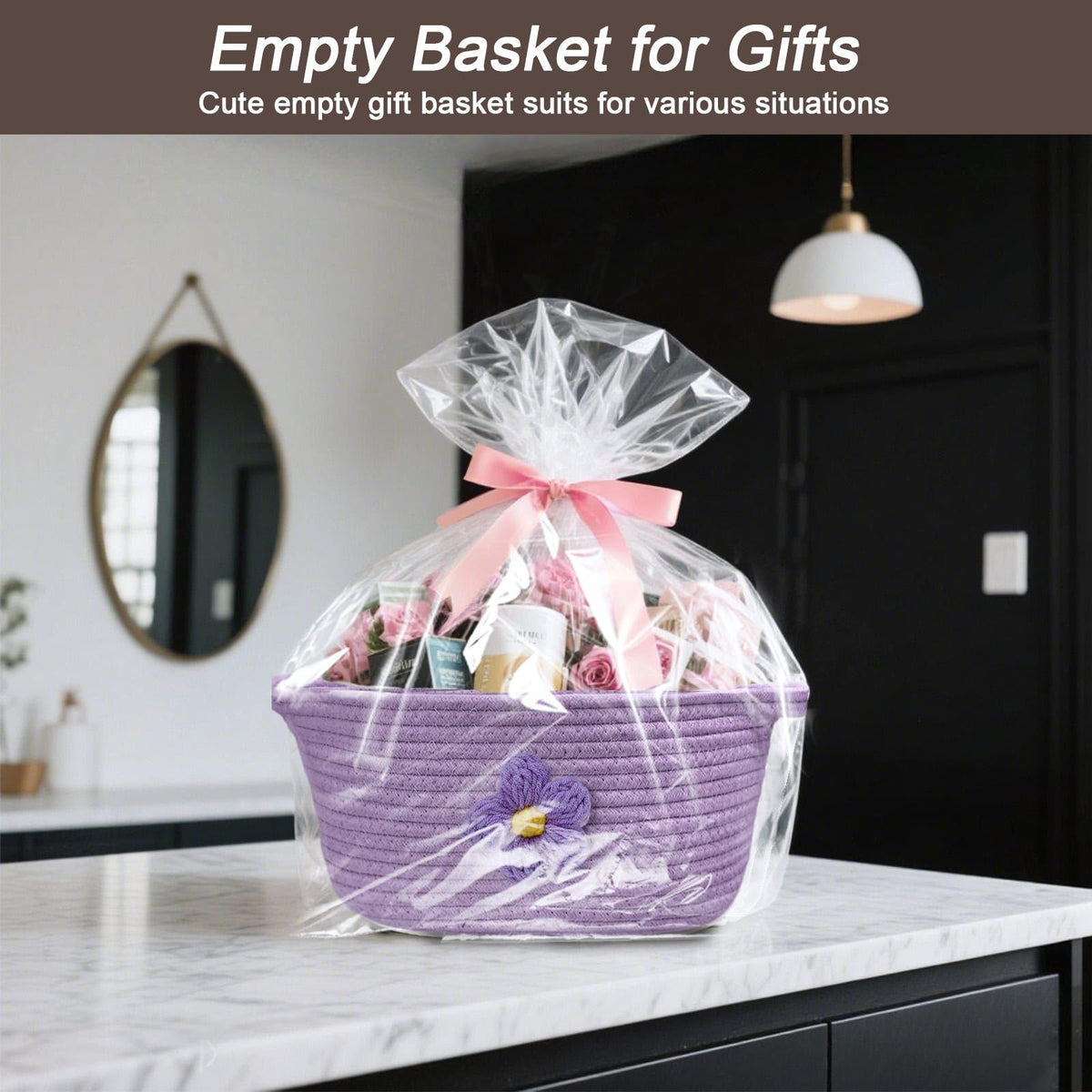 Esme L&H Gift Basket Empty with Bag & Ribbon, Large Capacity Gift Basket,-12"x9"x6", Gift Boo Baskets Empty, Versatile Cotton Rope Storage for Small Items, Baby, Pet Toy(Purple)