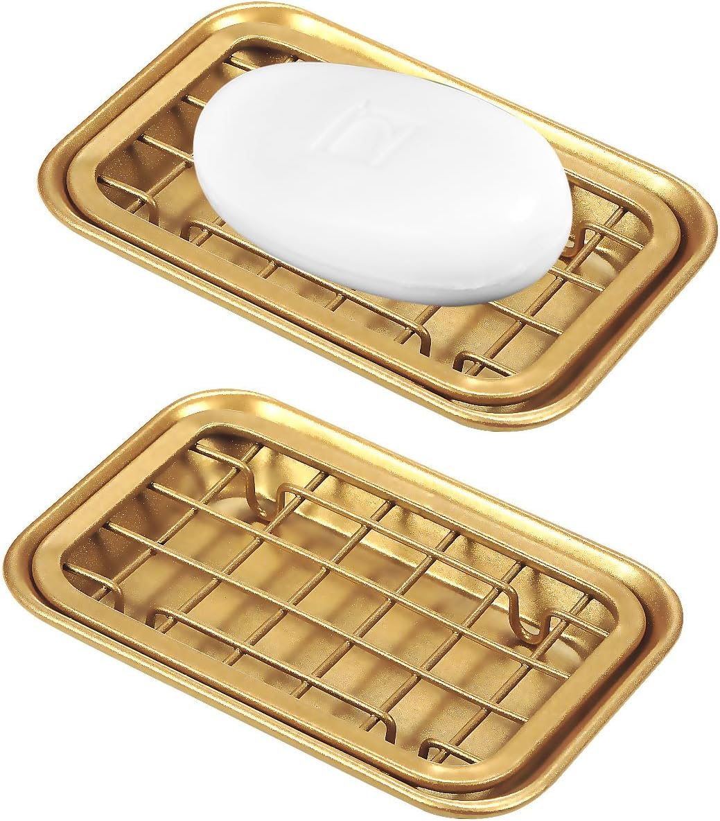 Kitchen and Bathroom Soap Dish Tray - Metal 2-Piece Soap Dish Tray with Drainage Grid and Holder for Kitchen Sink Countertops to Store Soap, Sponges, Scrubbers - Rust Resistant (2 Pack, Gold)