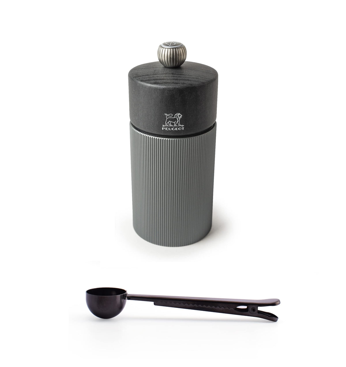 Peugeot Line Manual Salt Mill Carbon Graphite Aluminum, 12 cm - 4.75" With Stainless Steel Spice Scoop/Bag Clip (Salt Mill w/Scoop)