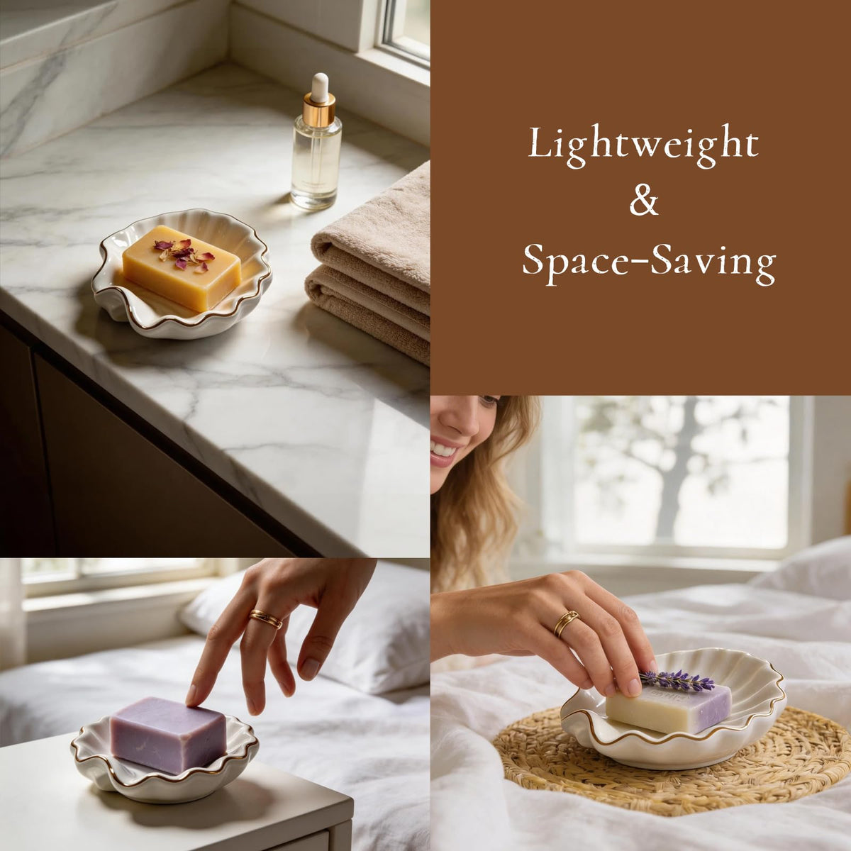 Shell Soap Dish,Ceramic Soap Dishes for Bar Soap – Decorative Bathroom Accessory with Gold Trim, Non-Slip Design, Easy to Clean, Ideal for Shower, Vanity, and Kitchen Sink Use