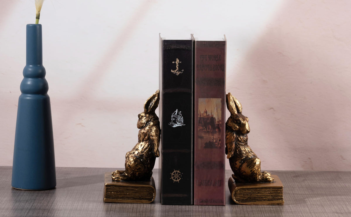 Book Ends for Shelves to Hold Books Hevay Duty,Decorative Bookends for Bookshelf Décor,Cute Animal Rabbit Book Stopper Easter Bunny Statues for Home, Office Desk, Living Room Decoration,1 Pair (Gold)