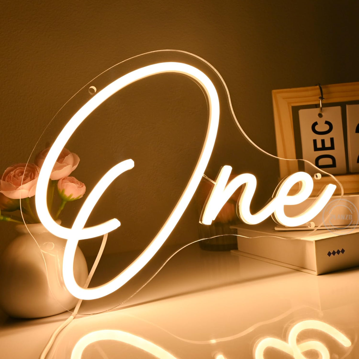 Planzo One Led Neon Sign Light 1th One Year Old Birthday Baby Cave Backdrop Bedroom Wall Sign Decor Banner Wedding Party Decor Gifts USB 11.81"x8.66" Warm White