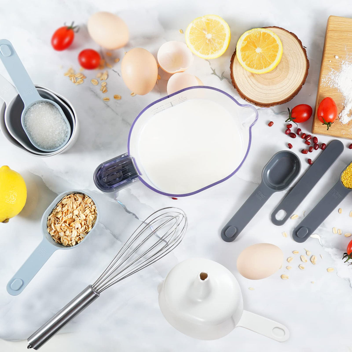 Recogwood 11 Pieces Measuring Cups and Spoons set, Includes 10 Stackable Measuring Cup with Lid and 1 Adjustable Measuring Spoon, Measuring Spoons Set for Liquid and Dry, BPA Free, Dishwasher Safe