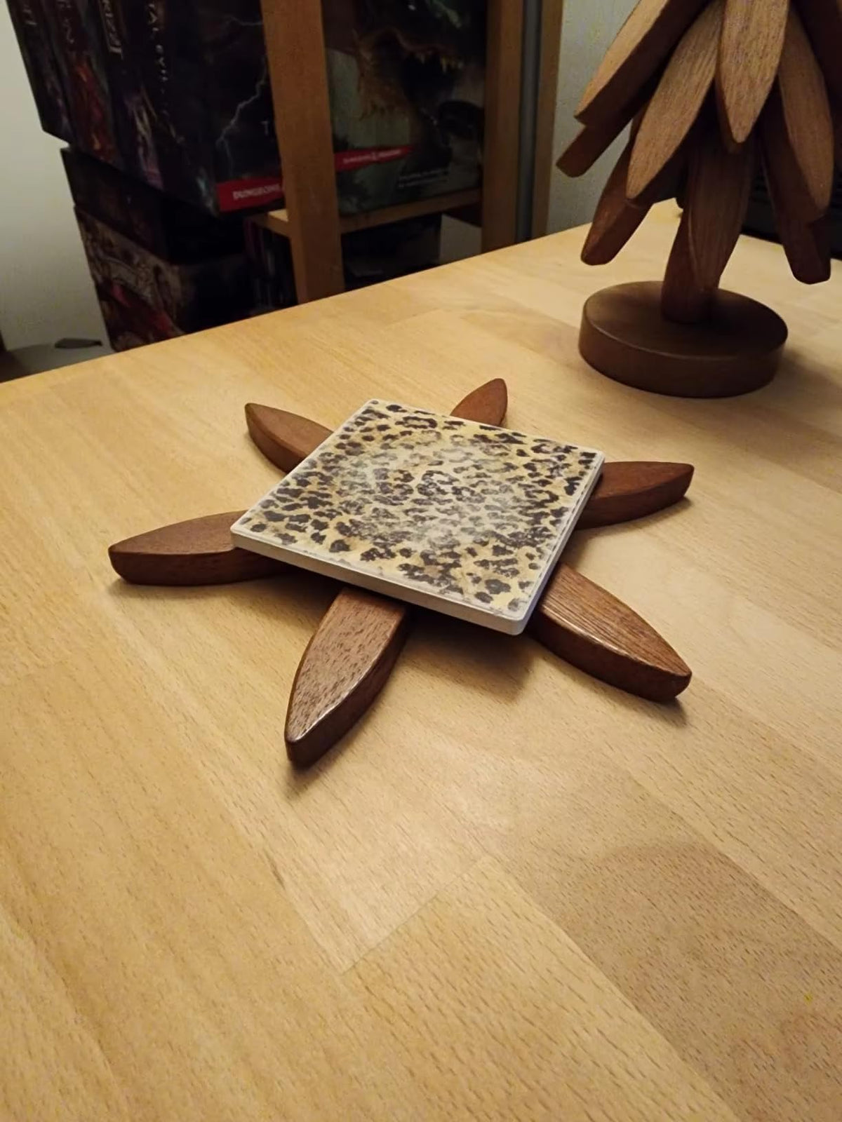 Tree Shape Trivet Set โ 4 Wooden Trivets + 1 Stand for Hot Dishes, Pots, Bowls, Teapots, and Hot Pan Holders (Walnut)