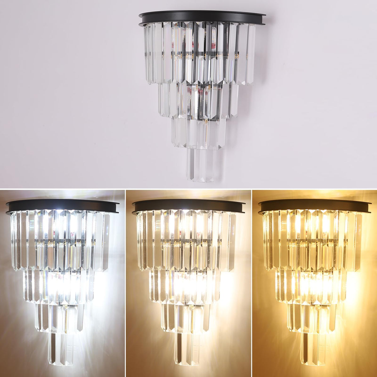 DOYFDOX Black Crystal Wall Sconce, Modern 4-Tiers K9 Clear Crystal Wall Light Bedside Wall Mount Lamp for Living Room Bedroom Mirror Dining Room Hallway Foyer Lighting Fixture