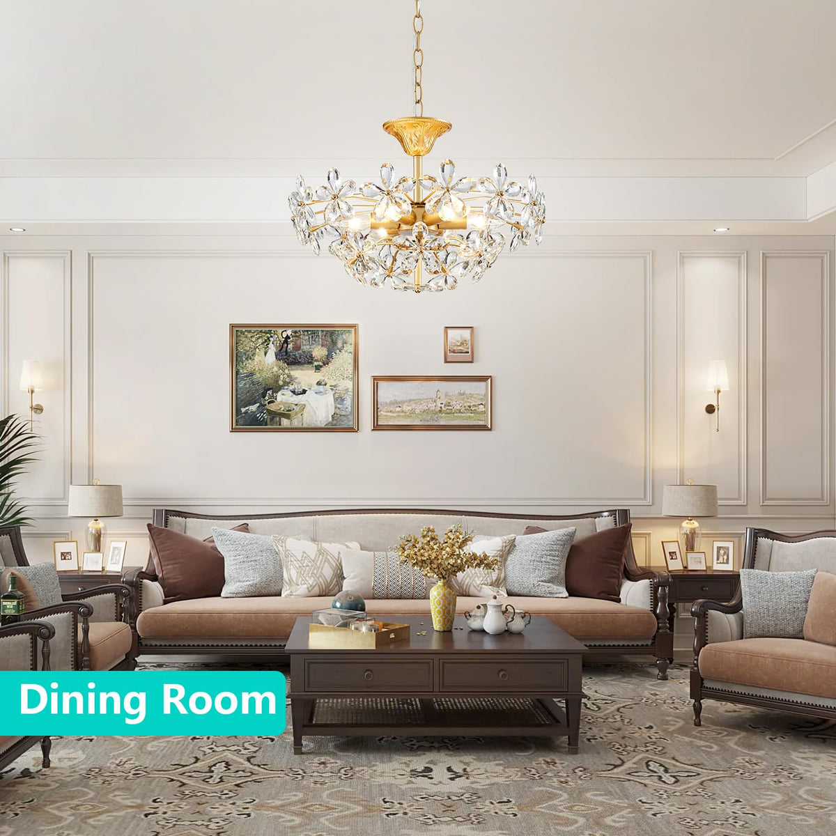 GlowEasely K9 Crystal Flower Chandelier for Dining Room, Living Room, Bedroom, Hallway, Kids Room, Foyer, Gold, Mayflower 6-Light Modern Pendant Chandelier, E12 Socket, D18.3 * H16~41inch (Adjustable)